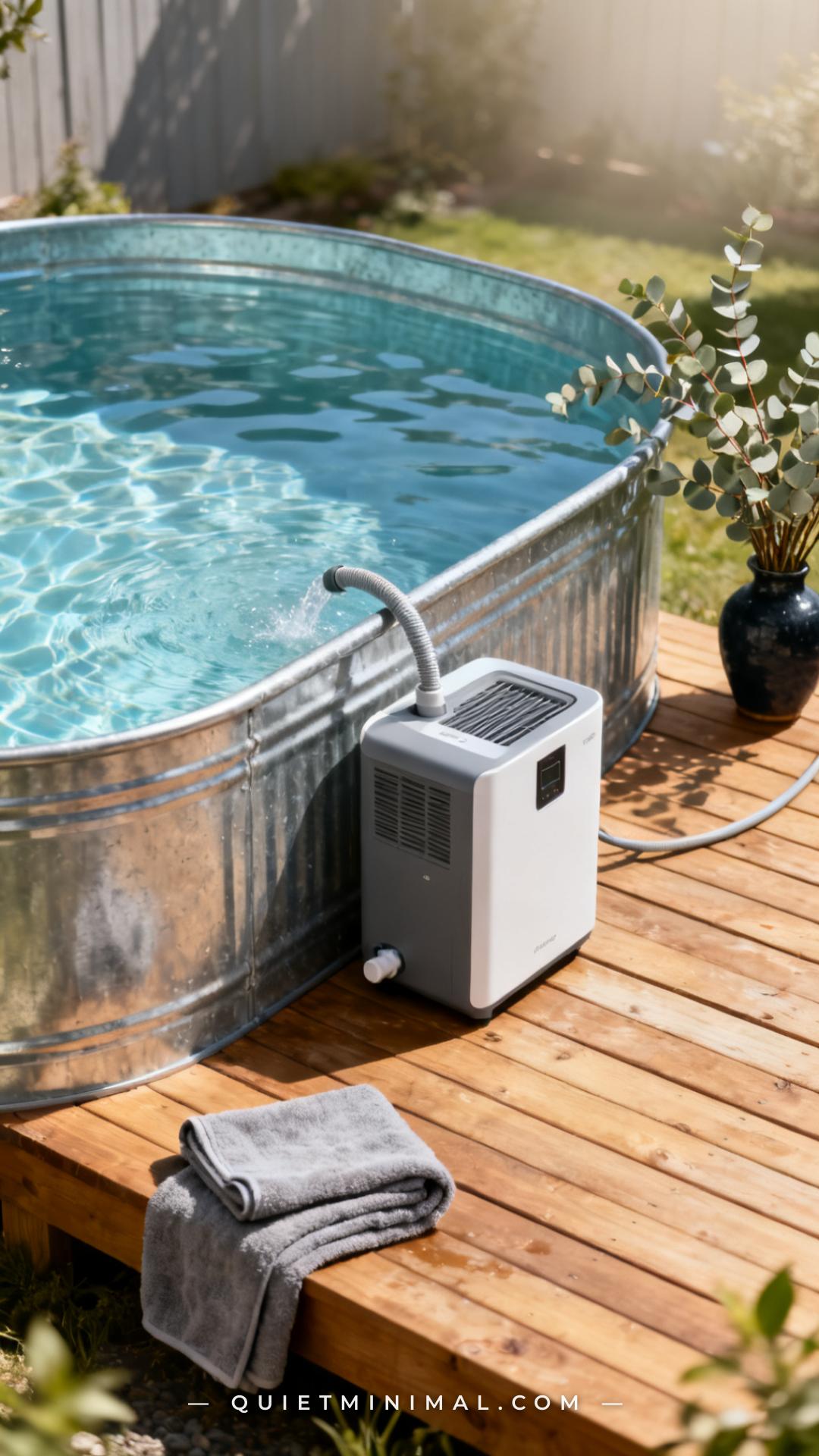 A vertical photograph captures a medium-wide shot of a galvanized stock tank plunge pool with crystal-clear cold water o