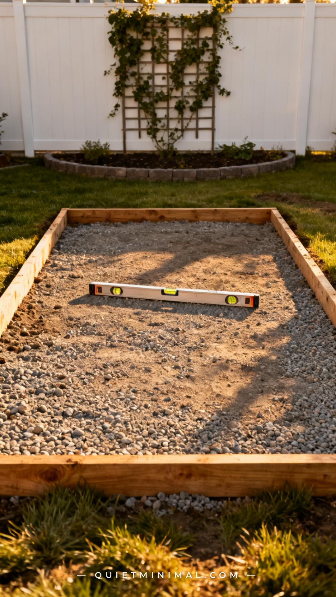 A vertical photograph captures a wide backyard scene showing a freshly leveled and compacted gravel pad prepared for a s