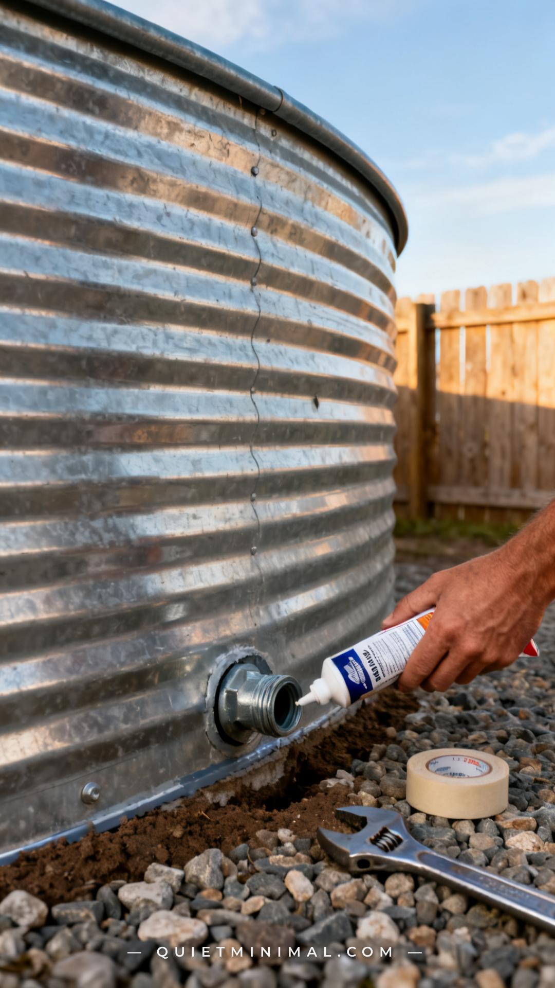 A vertical photograph captures a medium-wide angle showing the lower exterior wall of a galvanized stock tank