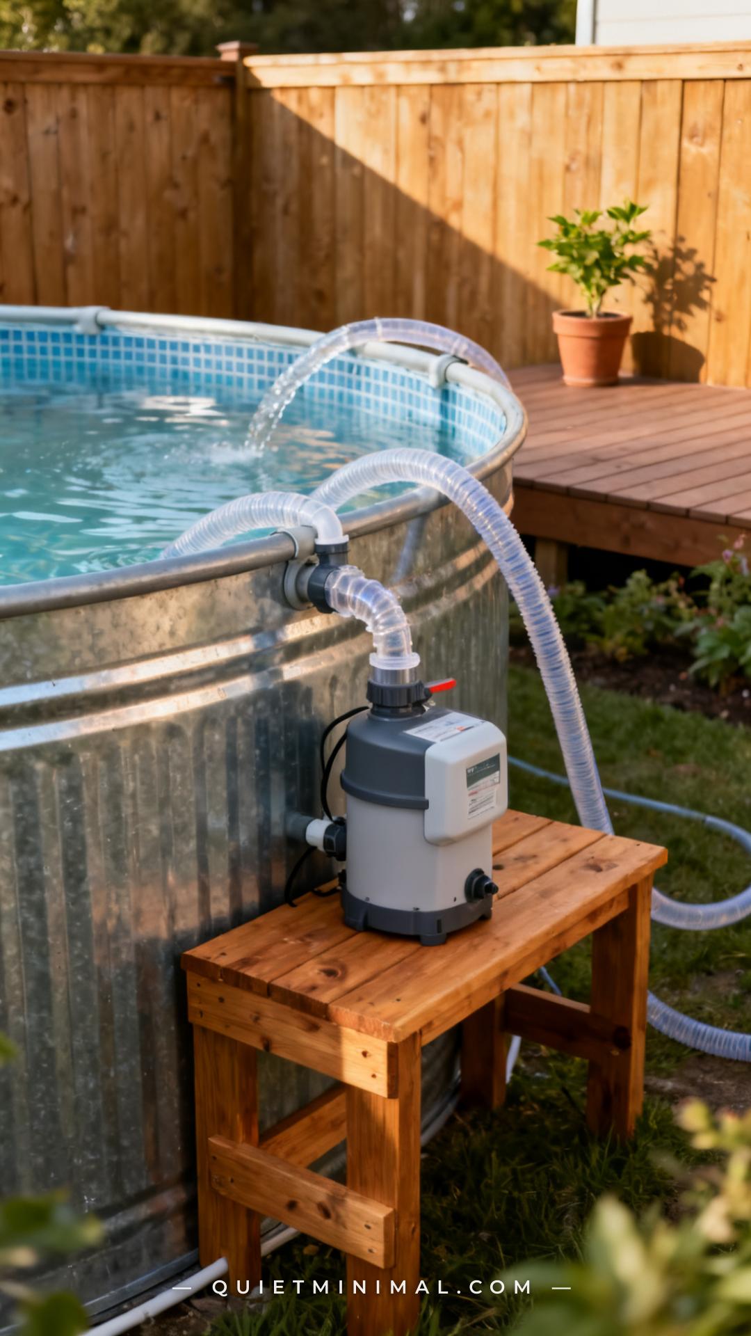A vertical photograph captures the outside wall of a galvanized stock tank pool showing a compact above-ground pool filt