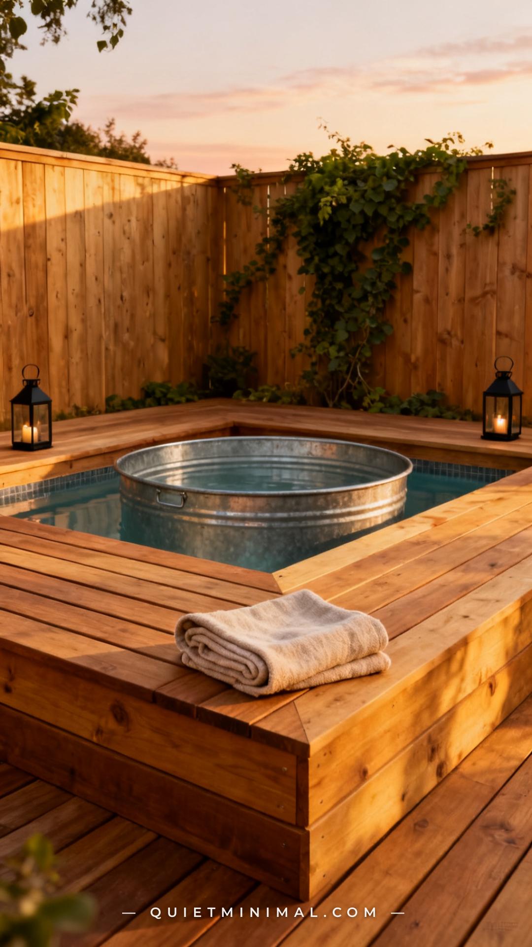 A vertical photograph captures a wide establishing shot of a galvanized stock tank plunge pool centered within a low-pro