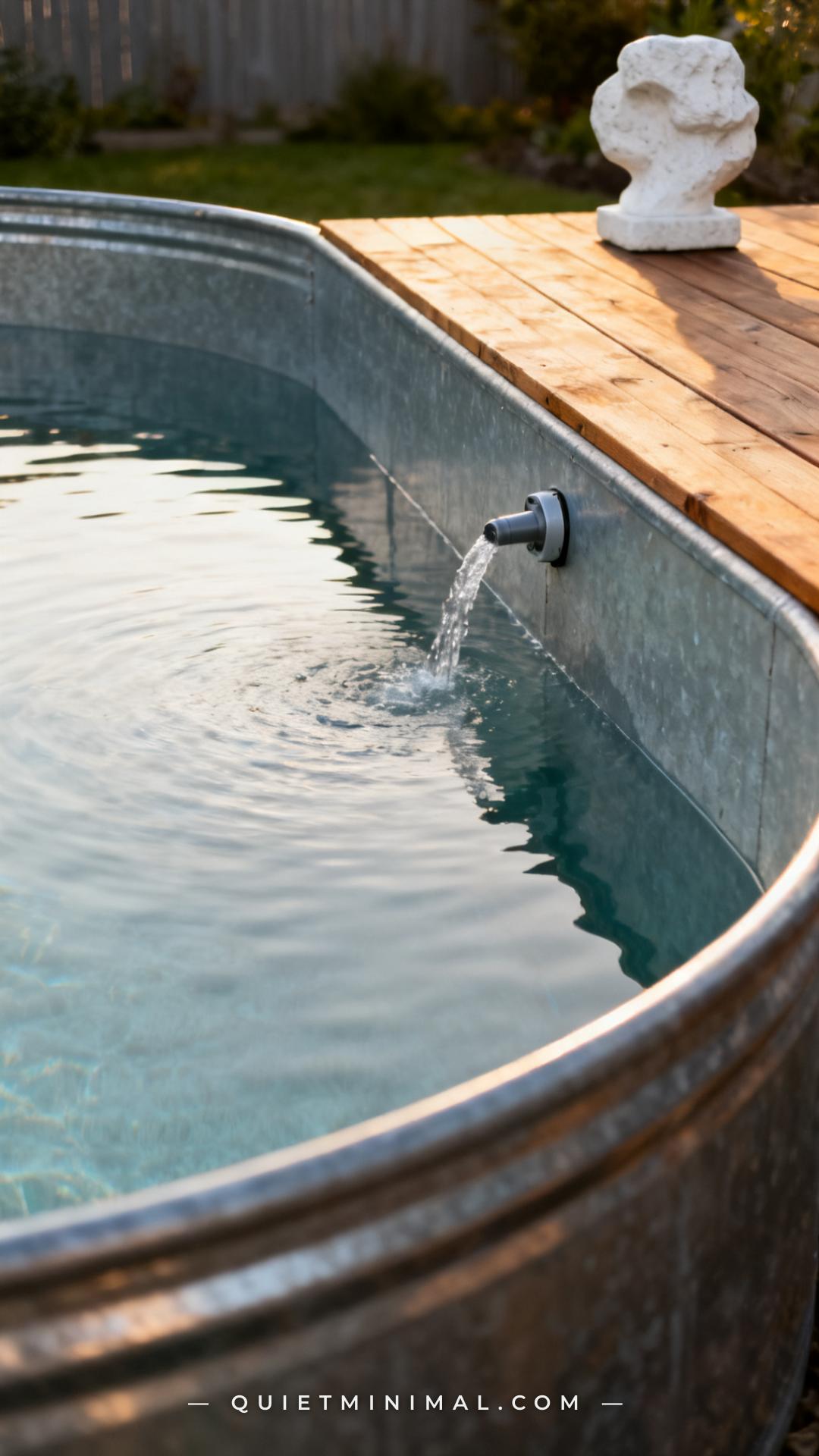A vertical photograph captures a wide medium shot of the interior of a galvanized stock tank plunge pool