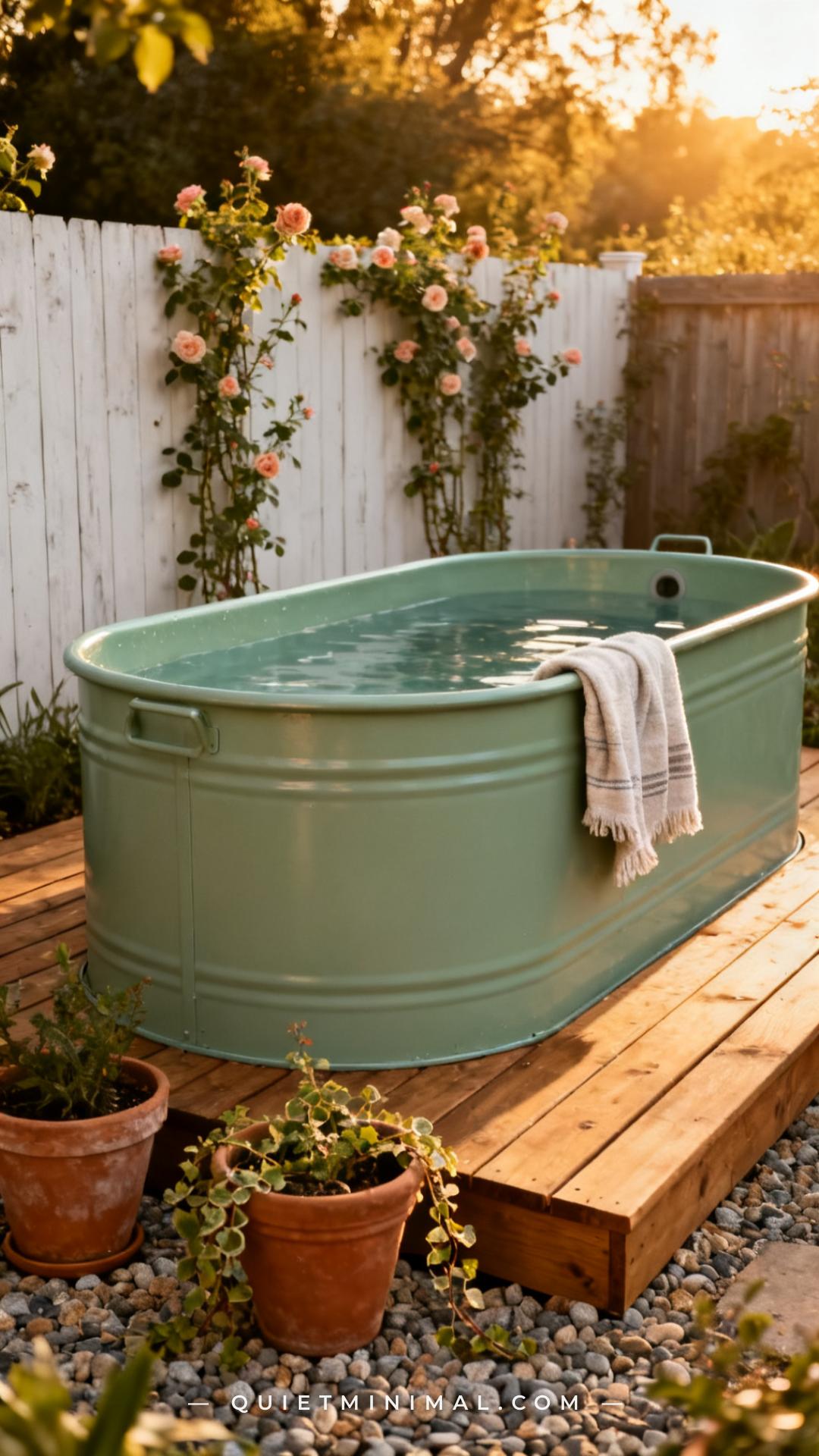 A vertical photograph captures the full exterior of a galvanized stock tank plunge pool that has been painted in a matte