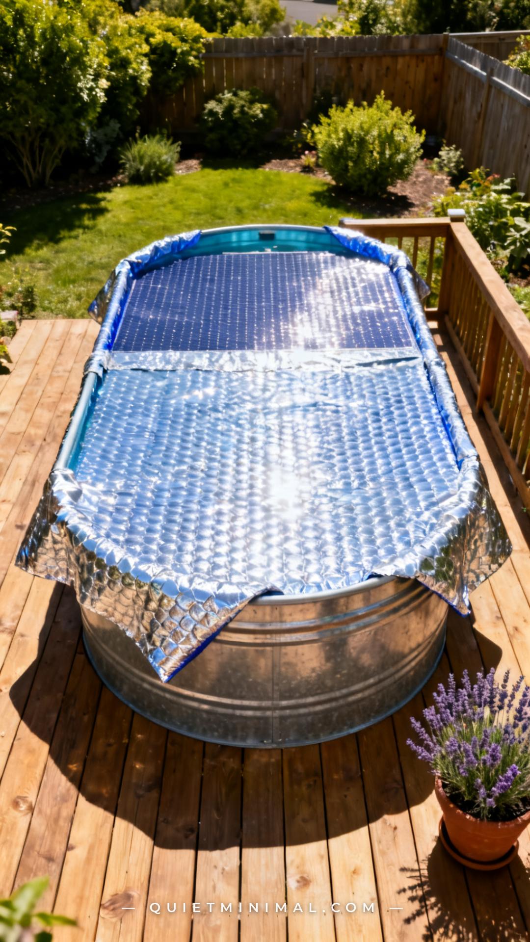 A vertical photograph captures a wide top-down angled view of a galvanized stock tank pool with a round bubble-wrap-styl