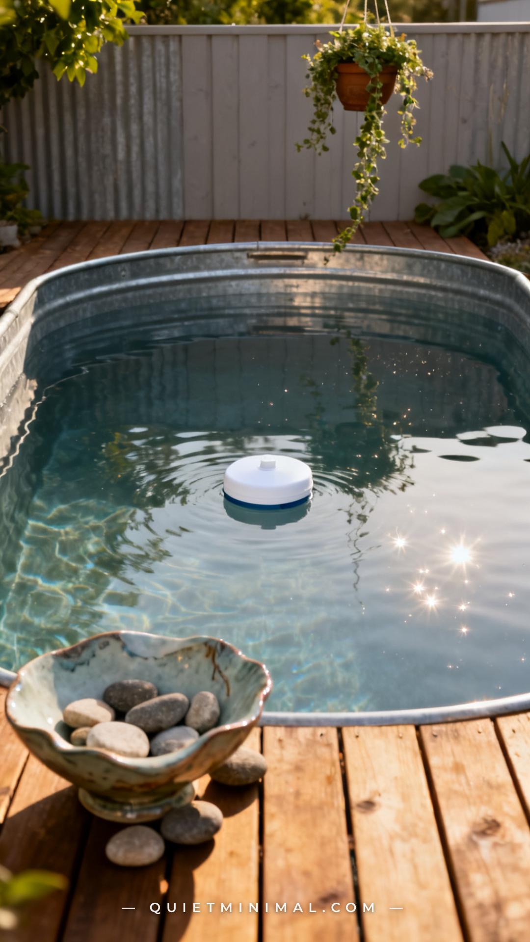 A vertical photograph captures a medium-wide view of a galvanized stock tank plunge pool with clear water