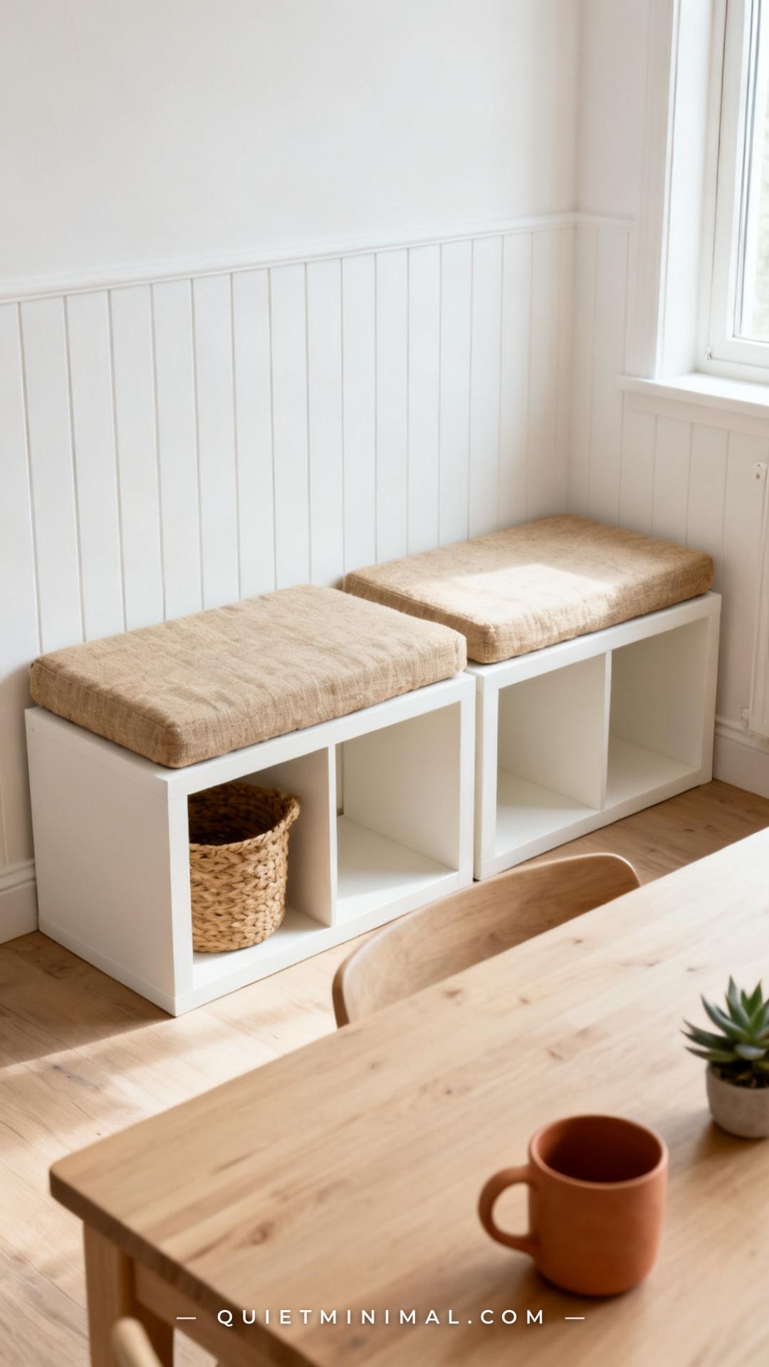 A wide-angle vertical photograph of a kitchen corner breakfast nook built from two IKEA KALLAX cube shelving units place