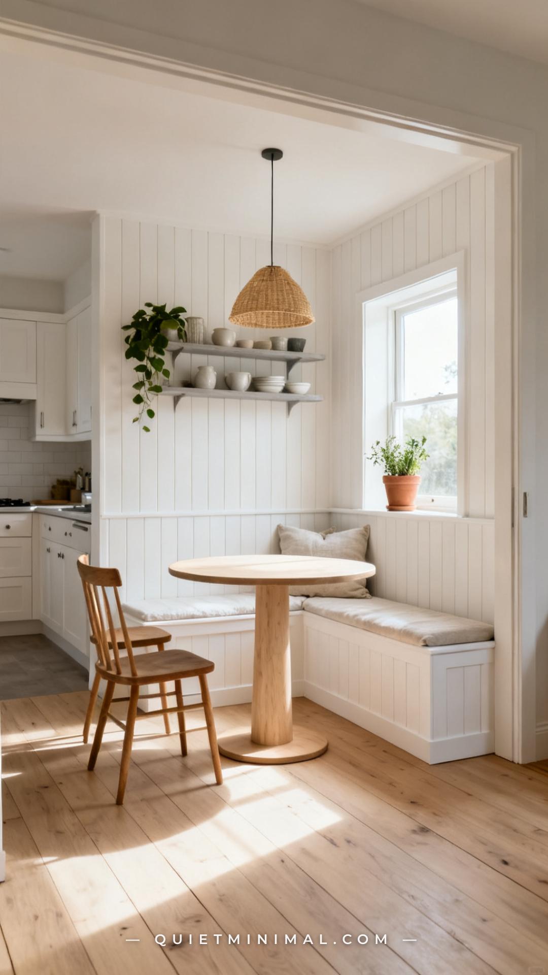 A vertical wide photograph of a completed DIY breakfast nook seen from the kitchen doorway
