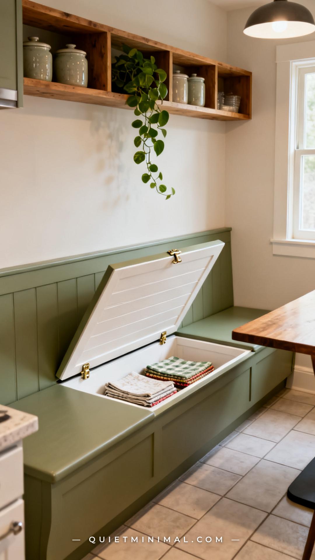 A vertical establishing shot of a straight breakfast nook bench built against a kitchen wall