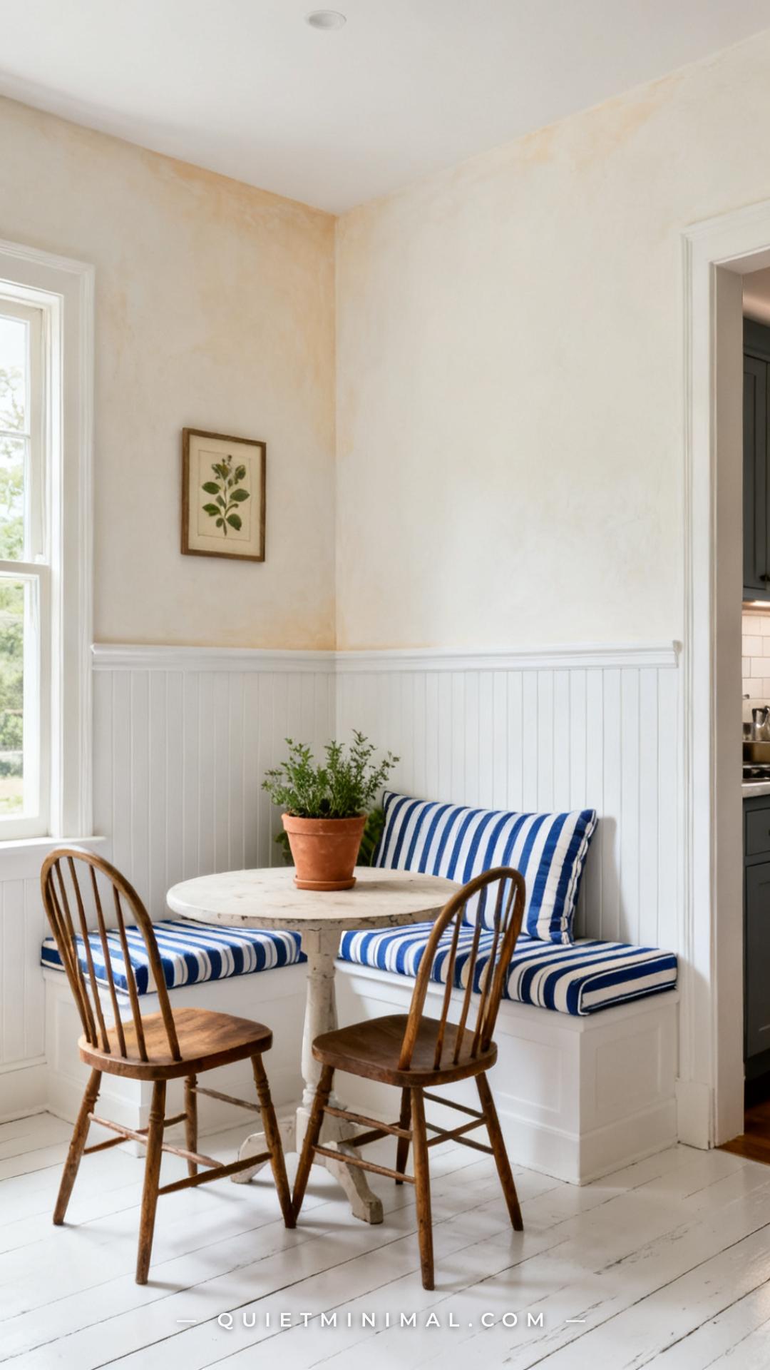 A vertical wide photograph of a breakfast nook corner with white beadboard paneling installed on the two walls behind th