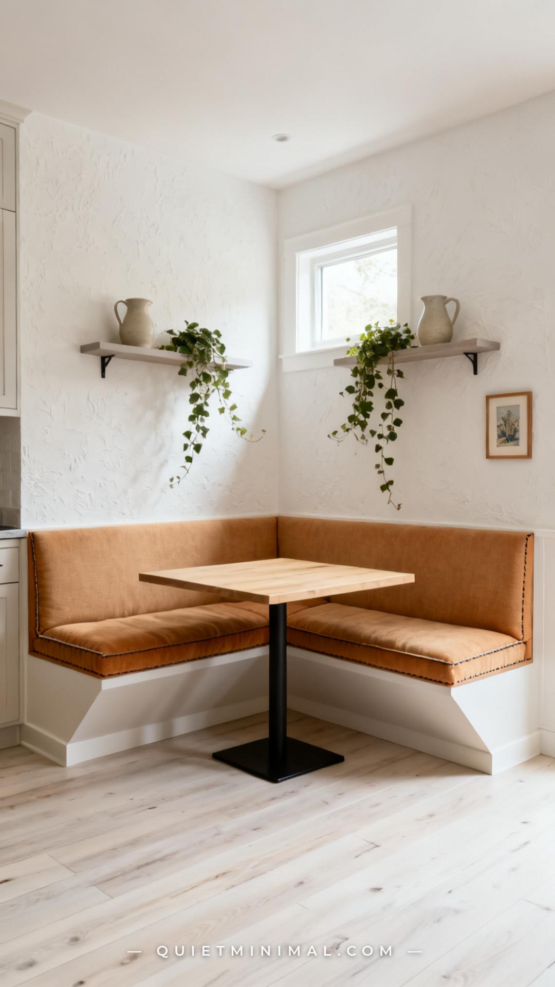 A vertical establishing shot of a full L-shaped breakfast nook built into a kitchen corner
