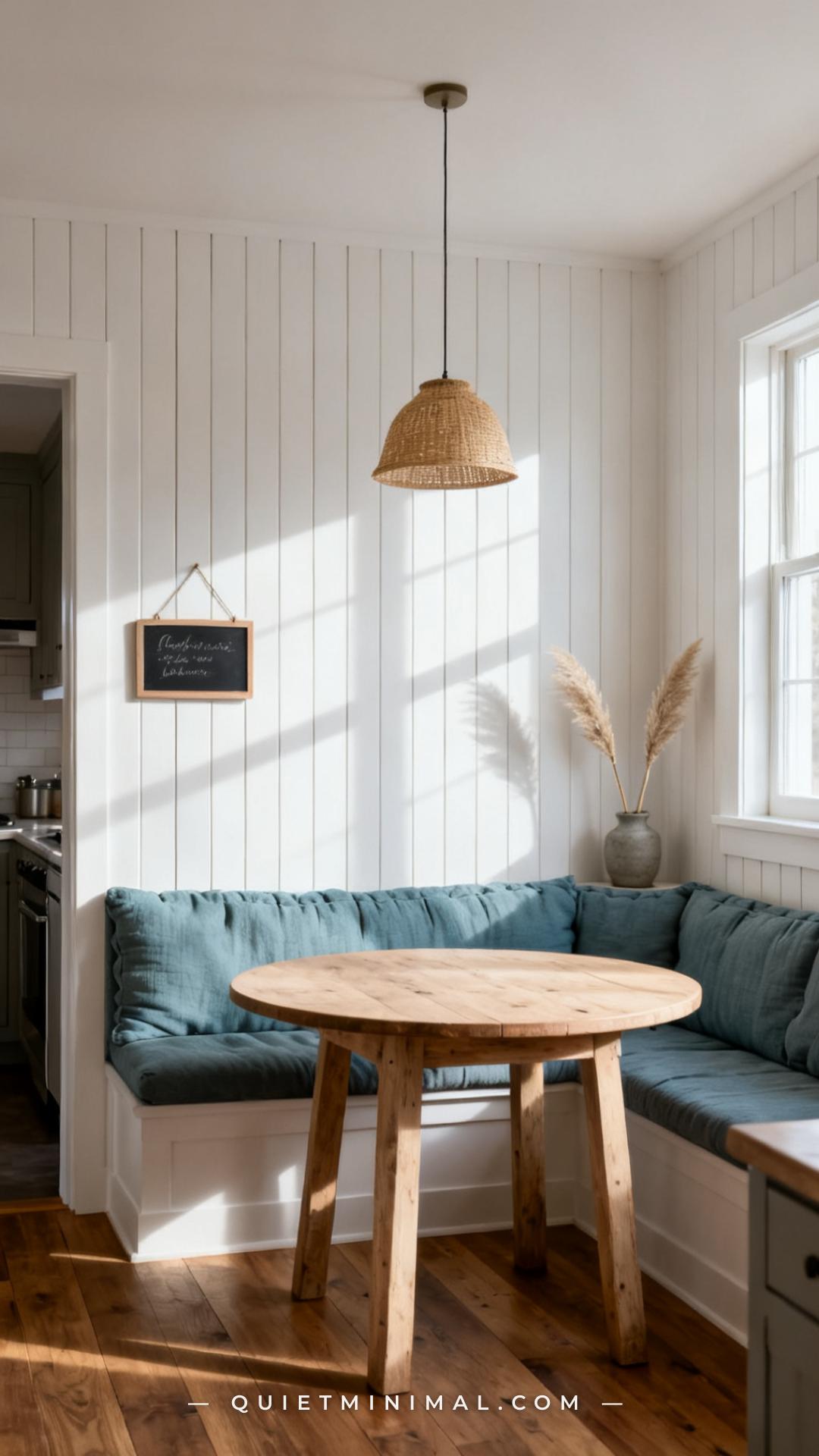 A vertical establishing shot of a breakfast nook with horizontal white shiplap boards installed on the wall directly beh
