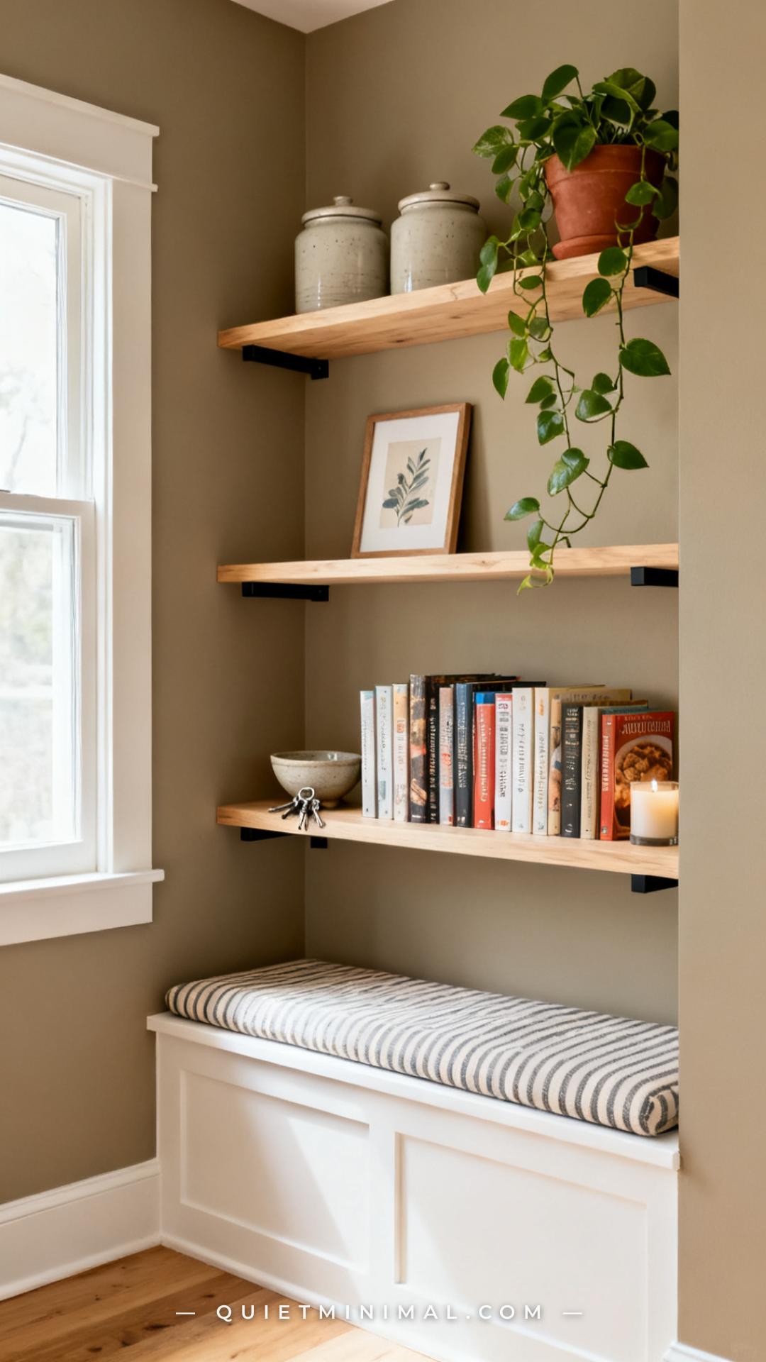 A wide vertical photograph of a breakfast nook with two floating wood shelves mounted on the wall directly above the ben