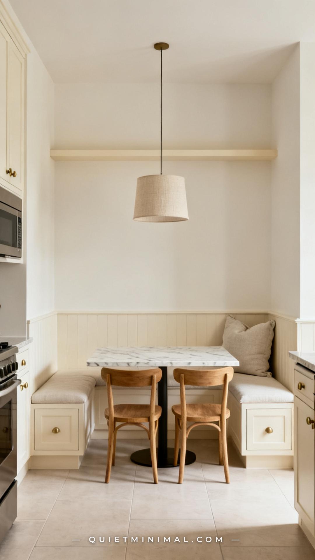 A vertical wide photograph of a kitchen breakfast nook where the bench