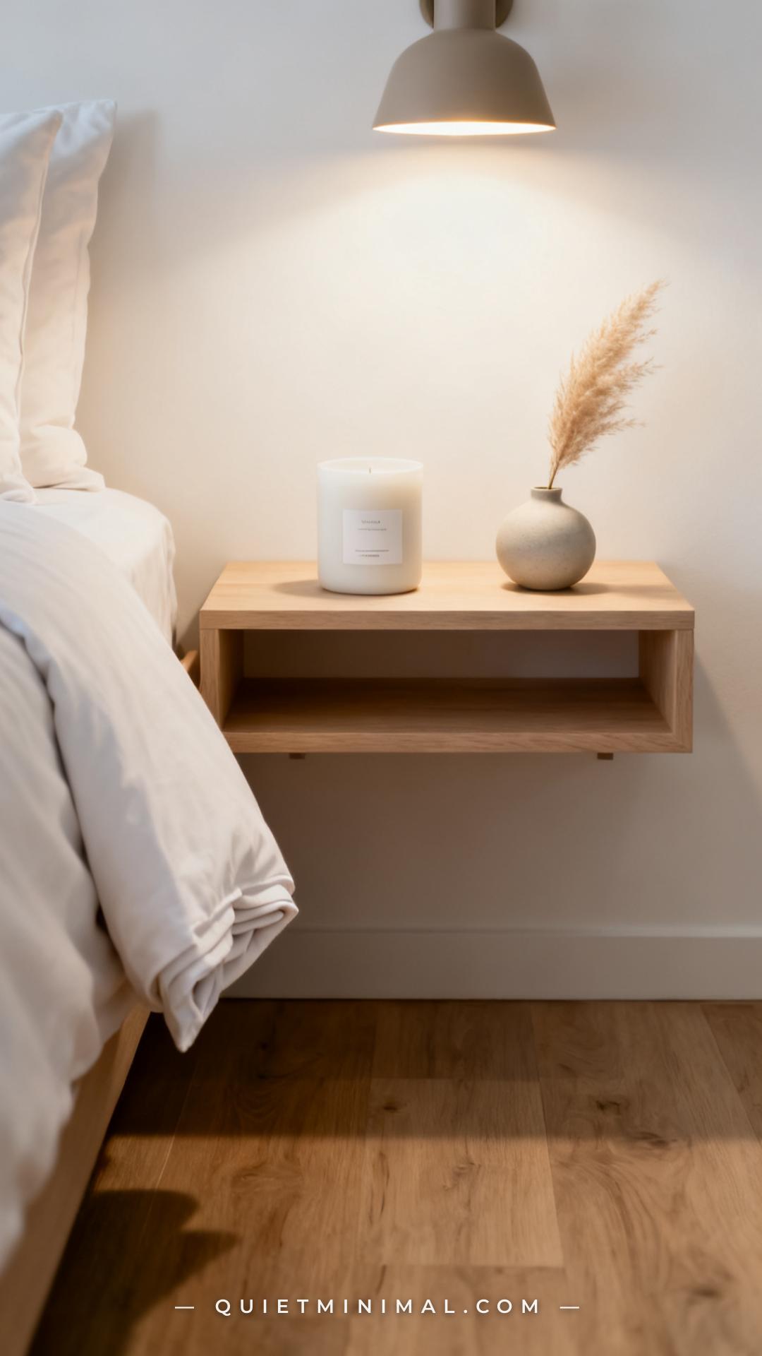 A wide composition showing the full right nightstand of a hotel-styled bedroom — a pale oak floating shelf holds a matte