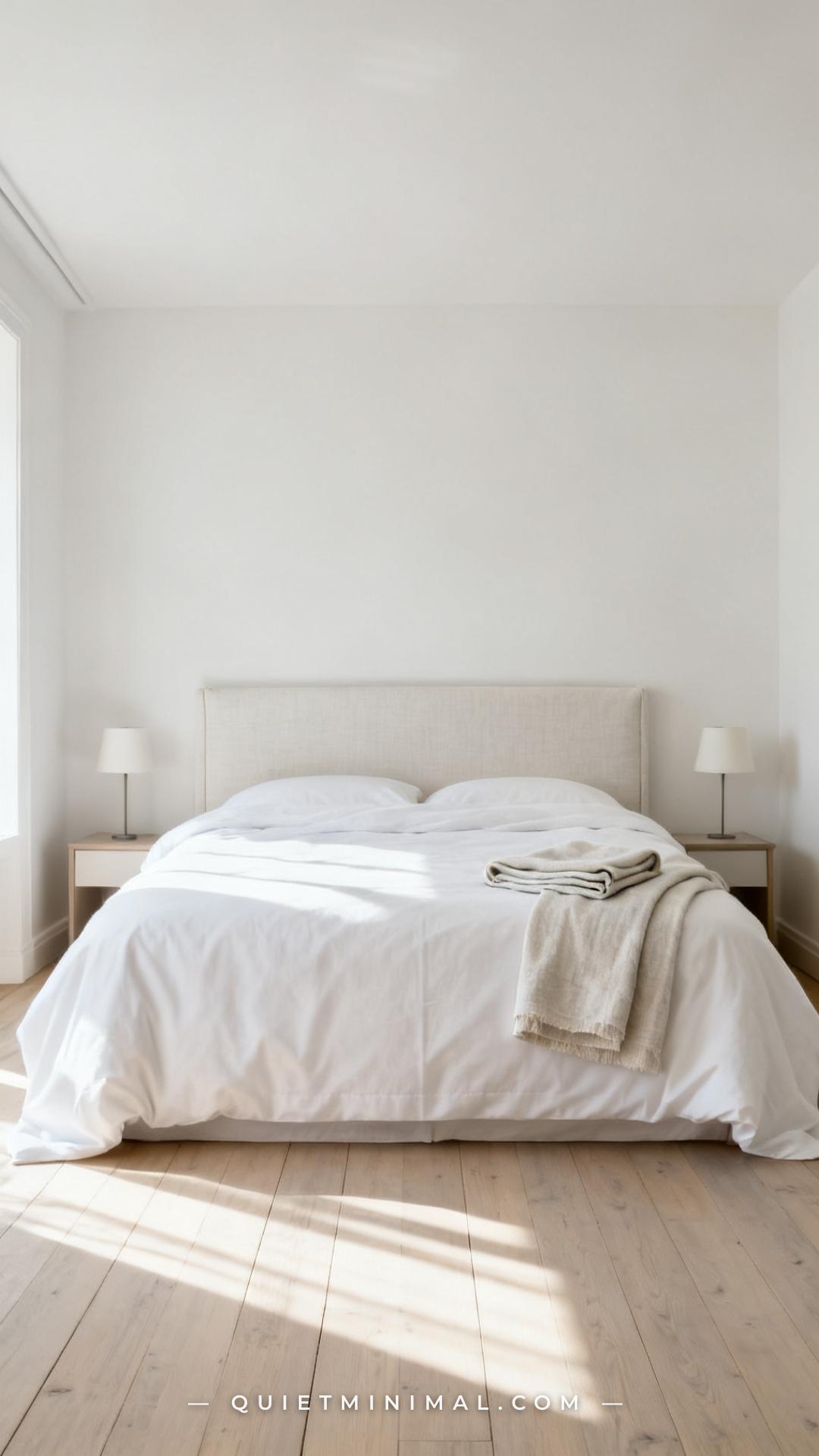 A wide-angle view of a bedroom where the bed's duvet cover surface is the clear subject — the white cotton percale cover