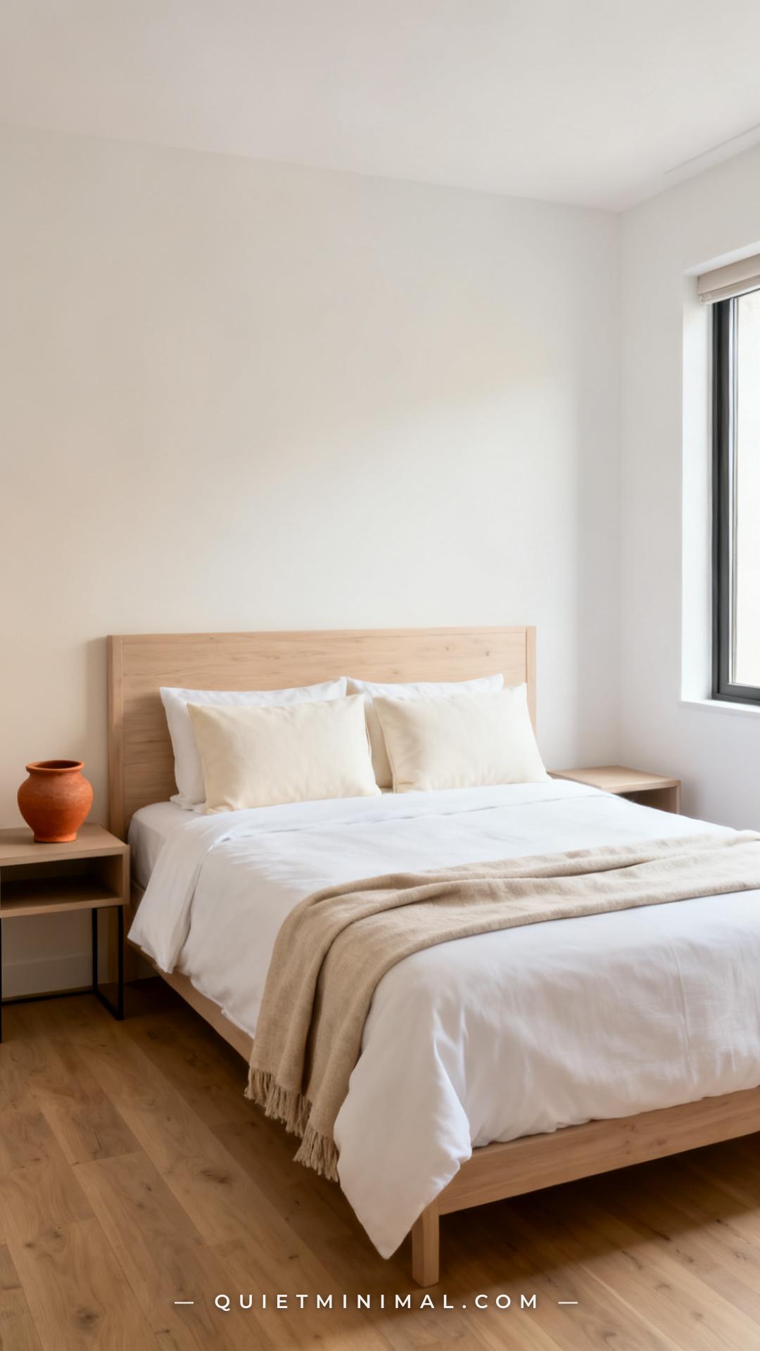 A medium-wide establishing shot of a hotel-styled bedroom where a single warm terracotta accent appears in one carefully