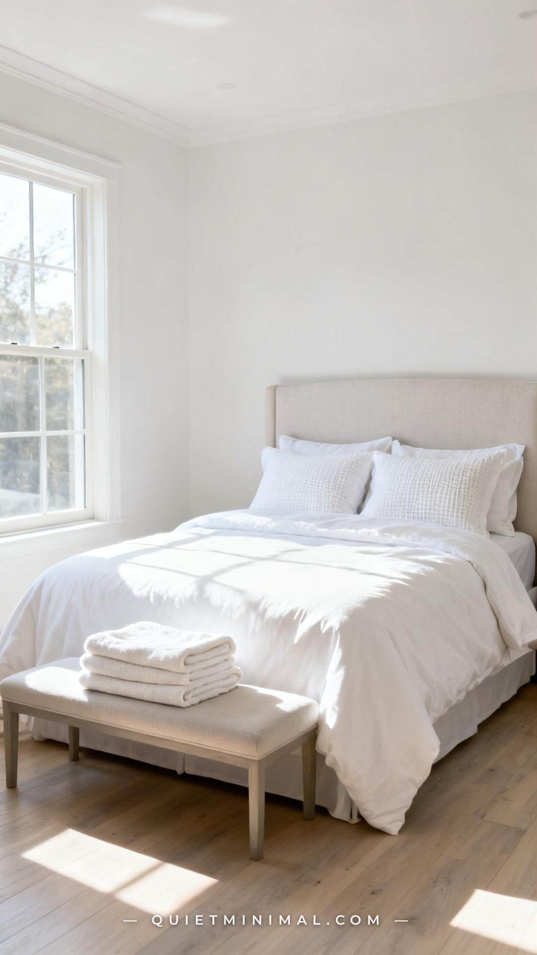 A wide establishing shot of a sunlit bedroom where the white duvet cover is the clear focal subject — it is a luminous