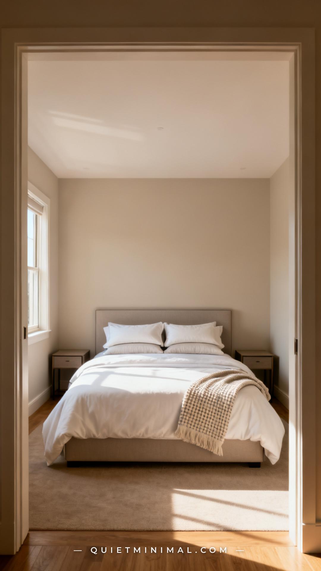 A wide photograph taken from the doorway of a bedroom — the full room is visible from this distance