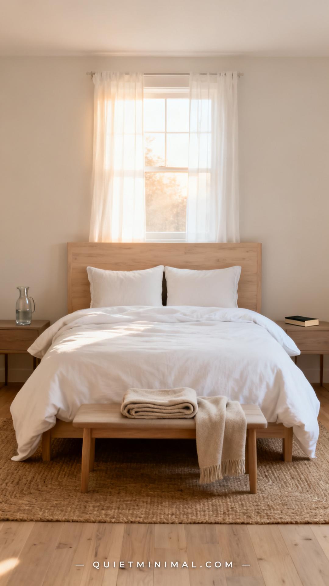 A vertical photograph captures a bedroom in the soft light of early morning — the bed is being reset in real time