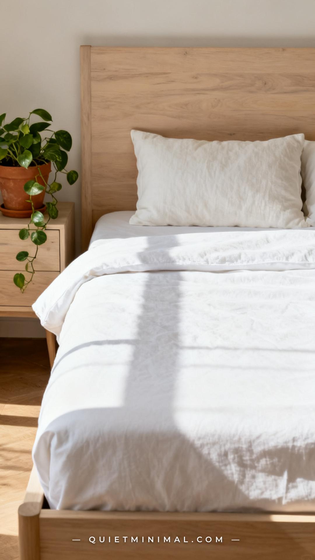 A medium-wide composition showing the upper half of a hotel-styled bed — a crisp white duvet has been folded down with a