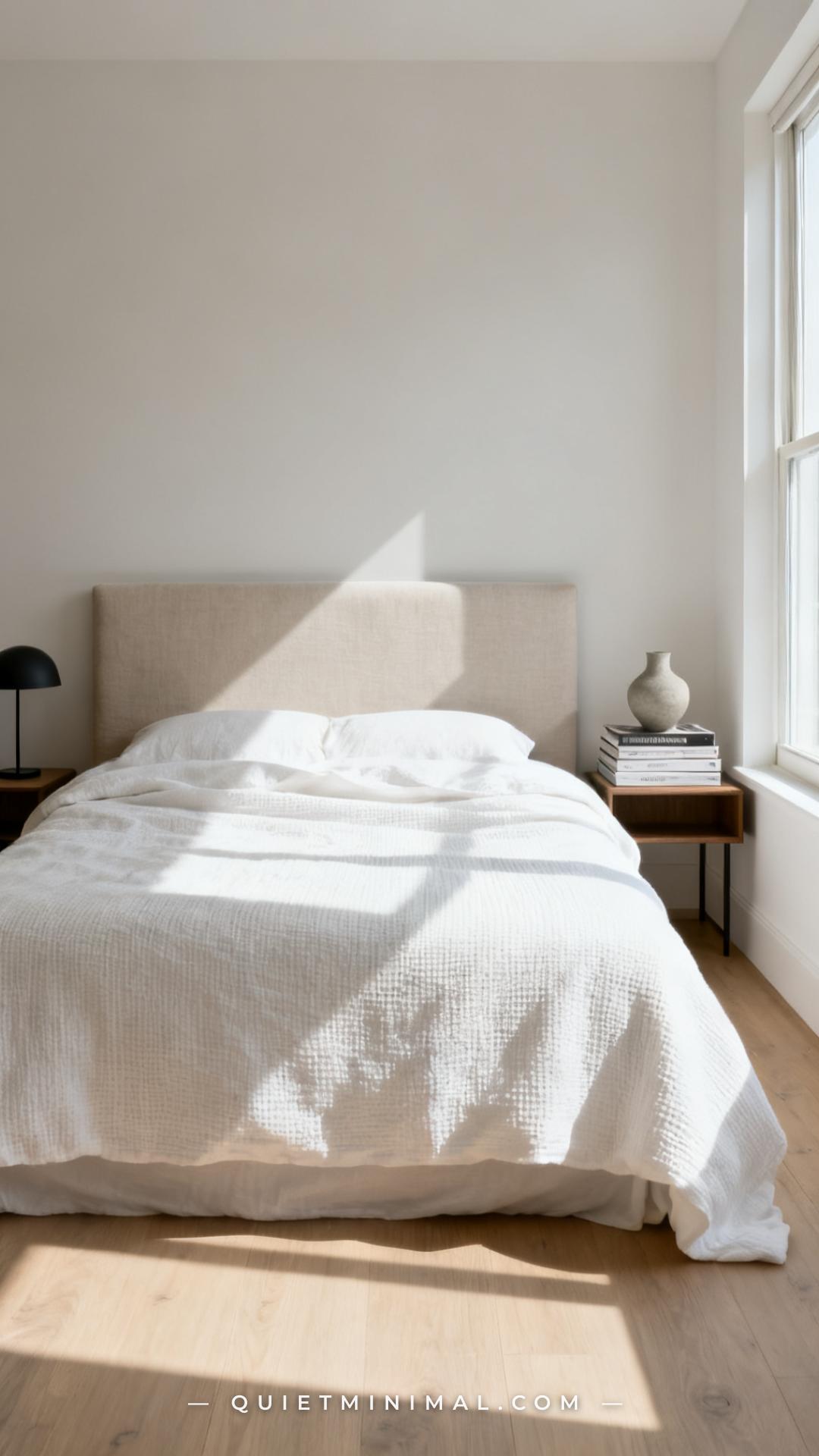 A wide establishing shot of a minimalist bedroom — the bed is centered in the frame with a duvet cover in a soft waffle-