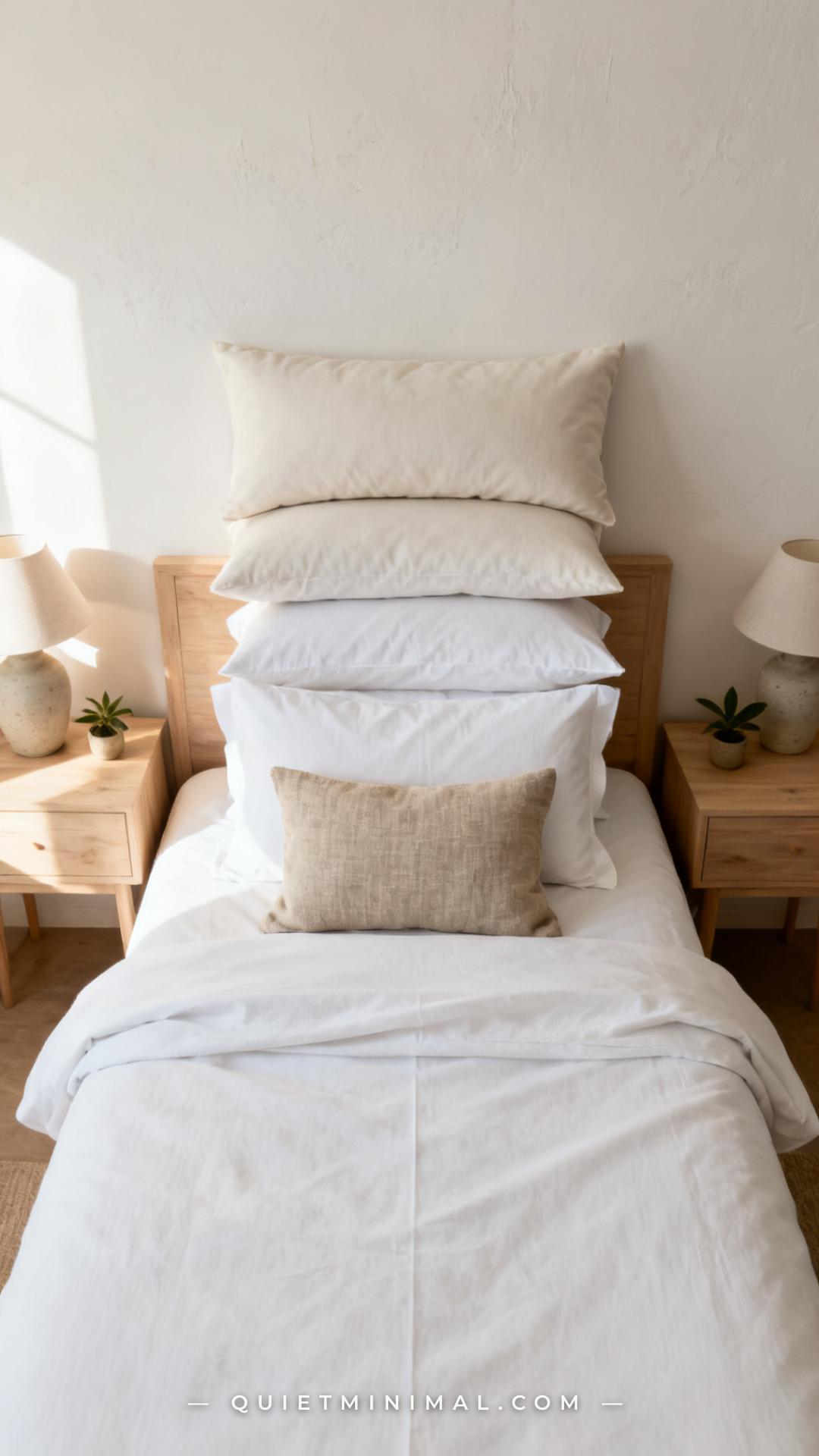 A vertical photograph captures a full bed from a slightly elevated angle — five pillows are arranged in a precise hotel-