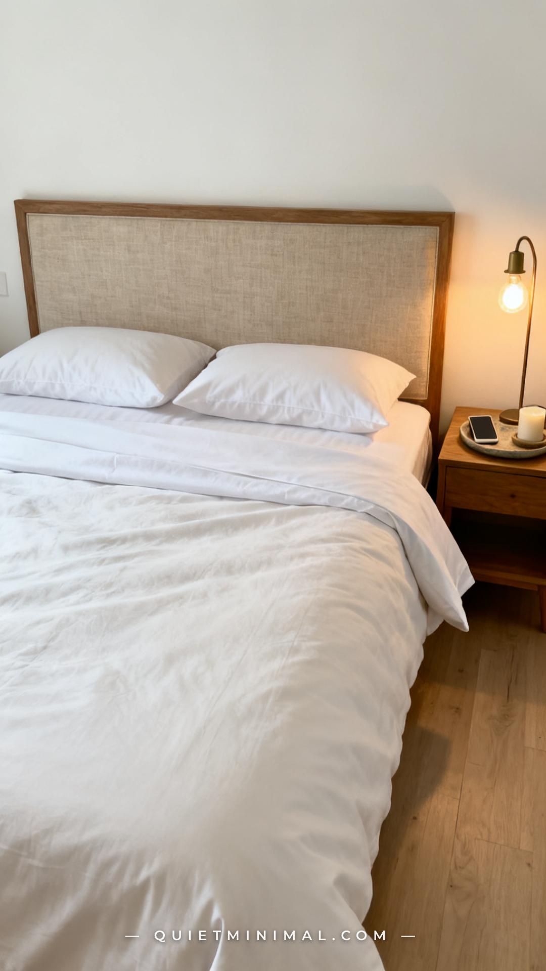 A wide-angle bedroom composition showing the upper portion of a bed with a visible flat sheet layered between the duvet