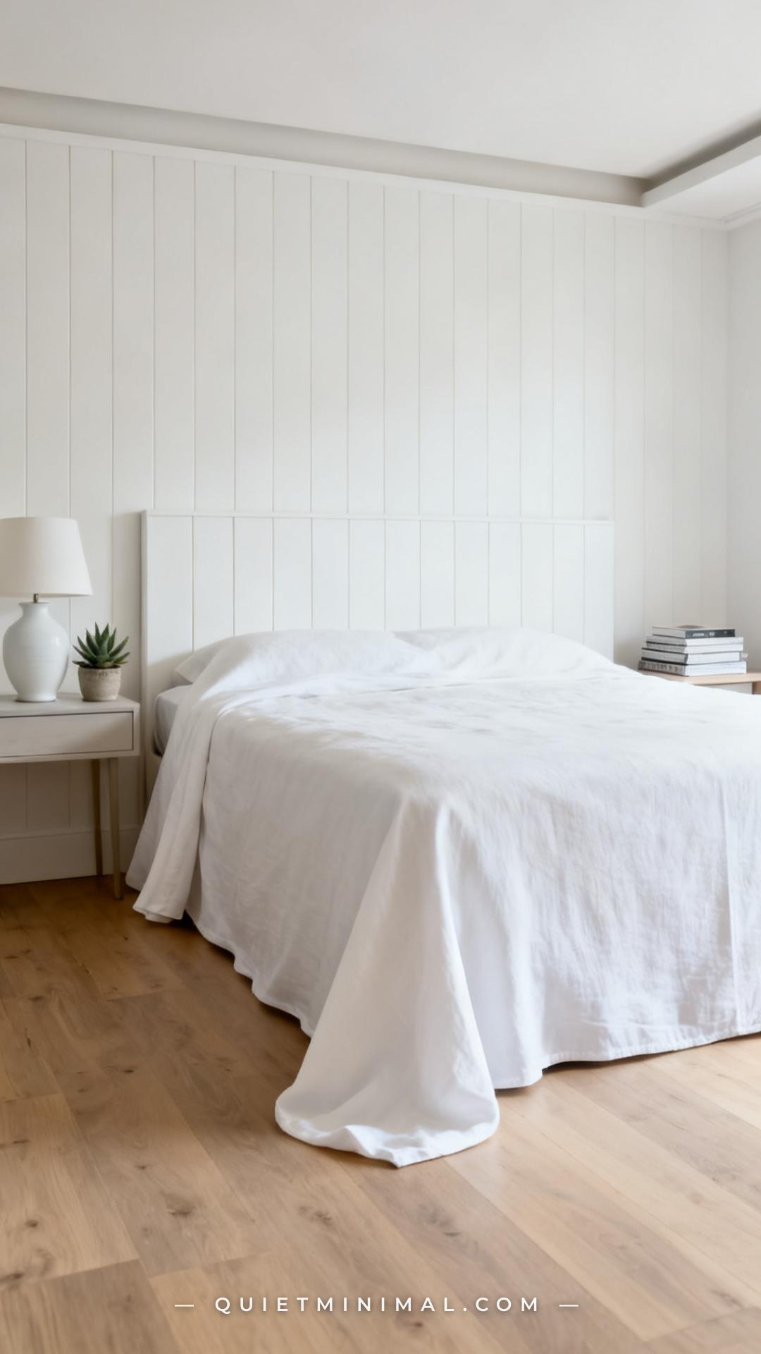 An establishing shot of a full queen bed from a medium-wide angle — the white duvet hangs evenly over both sides of the