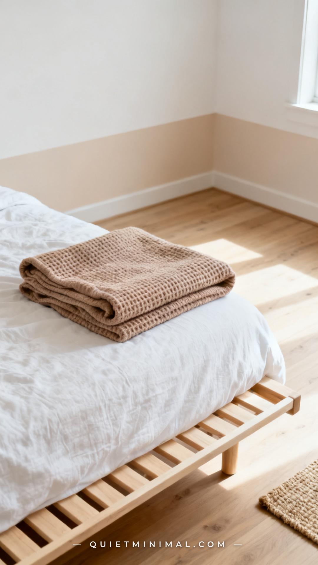 A vertical photograph captures the lower third of a well-styled bed — a folded waffle-knit throw in a warm oatmeal tone