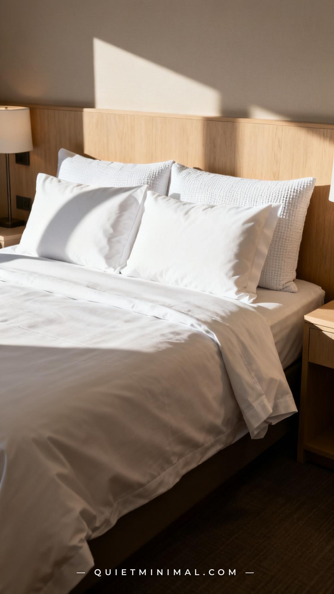 A medium-wide composition of the upper half of a hotel-styled bed — the pillowcases on the two front sleeping pillows ar