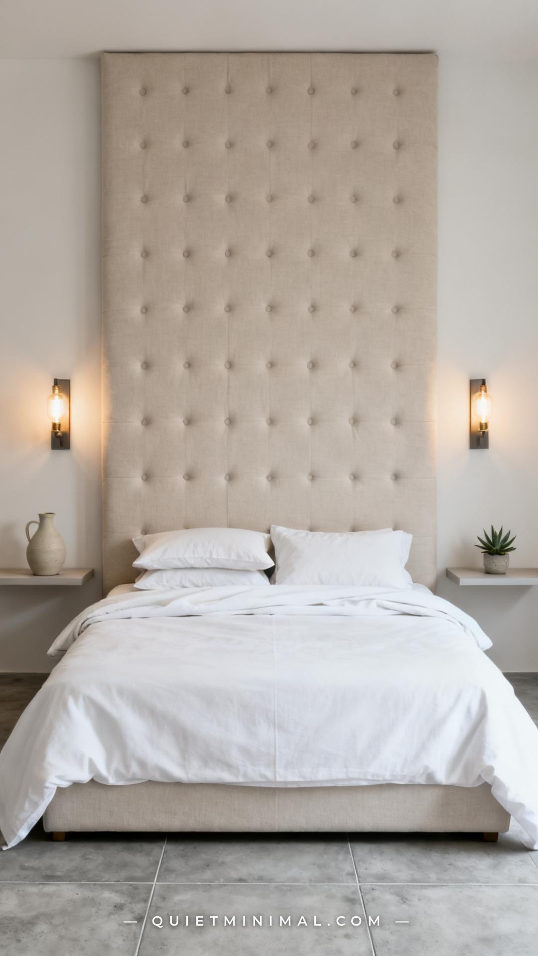 A wide establishing shot of a bedroom showing a full upholstered headboard in pale oatmeal linen fabric as the visual an