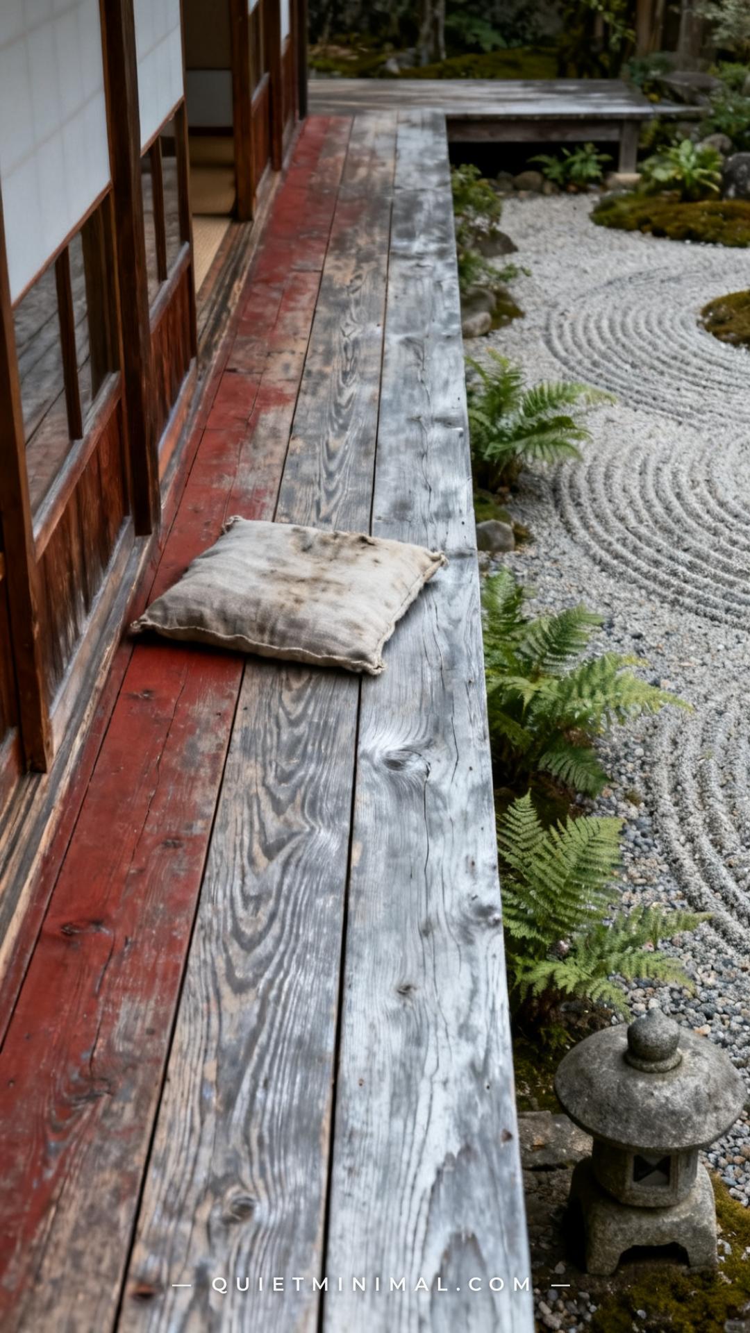 A wide-angle vertical photograph shows a full engawa deck surface built from aged western red cedar planks