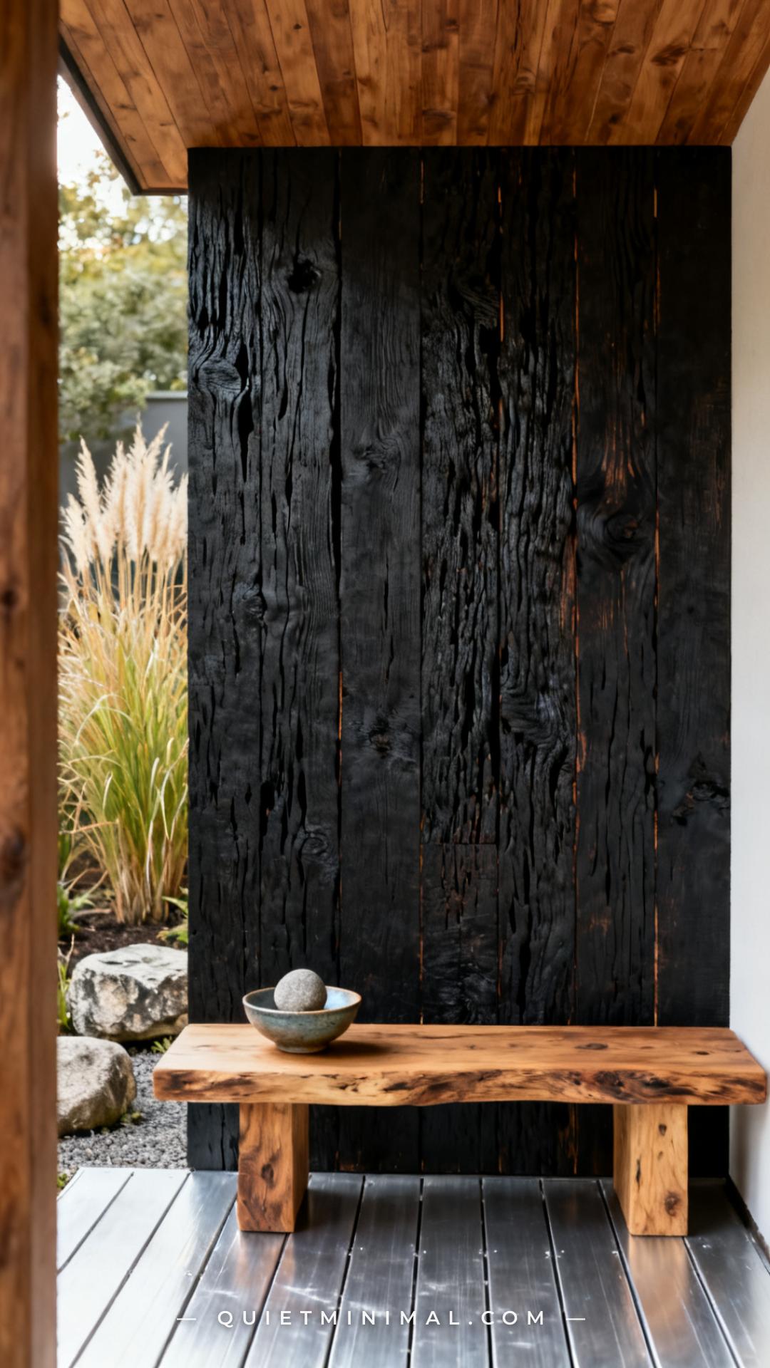 An establishing shot of an engawa veranda corner where a single charred shou sugi ban cedar plank serves as a wall accen
