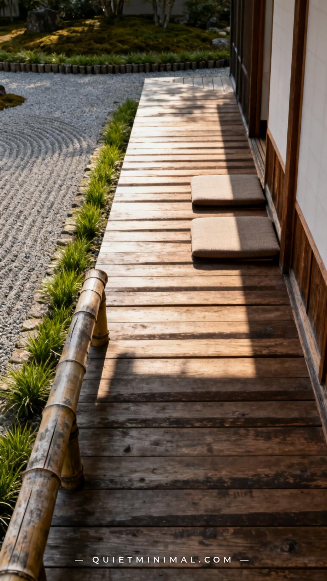 A medium-wide vertical photograph captures an engawa deck surface where long cedar planks run horizontally parallel to t
