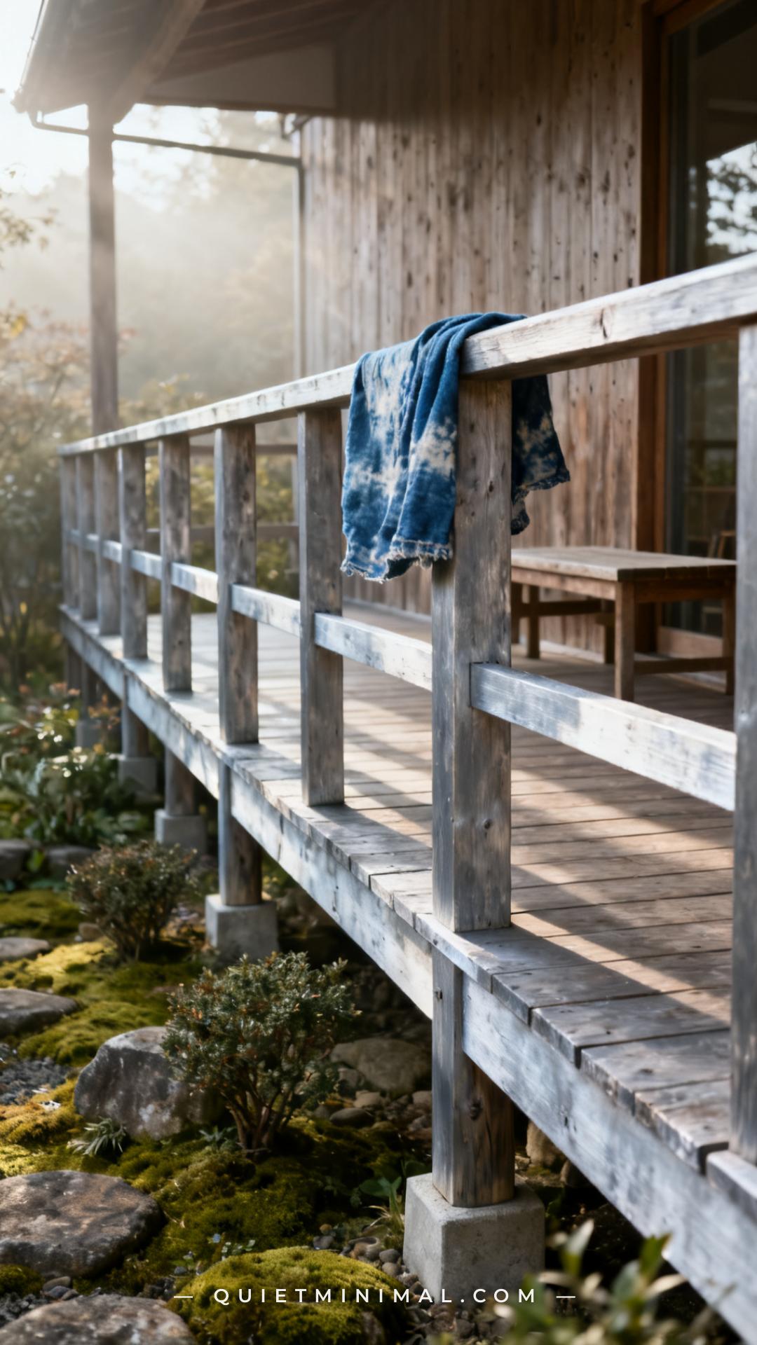 A wide vertical photograph shows a full engawa railing detail running along the length of the veranda