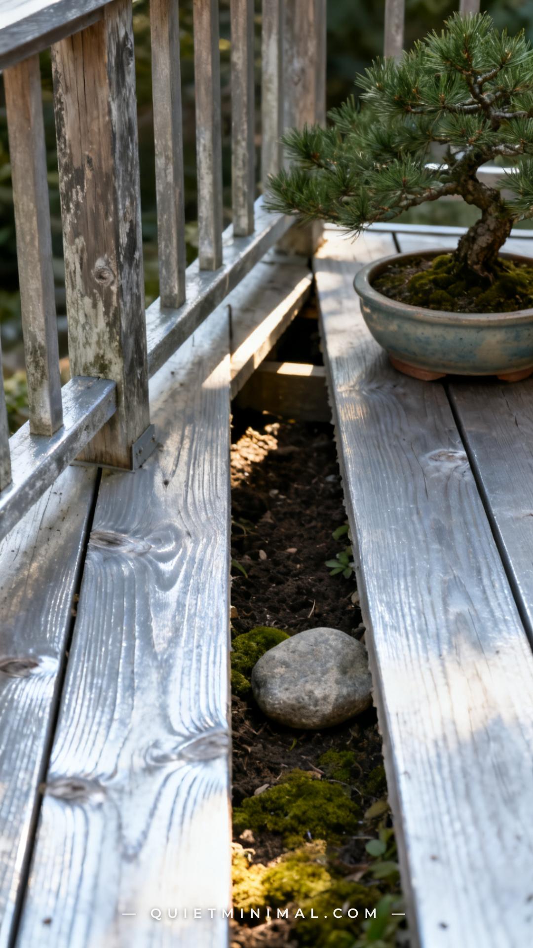 A vertical photograph captures the edge zone of an engawa veranda where a narrow gap of roughly six inches exists betwee