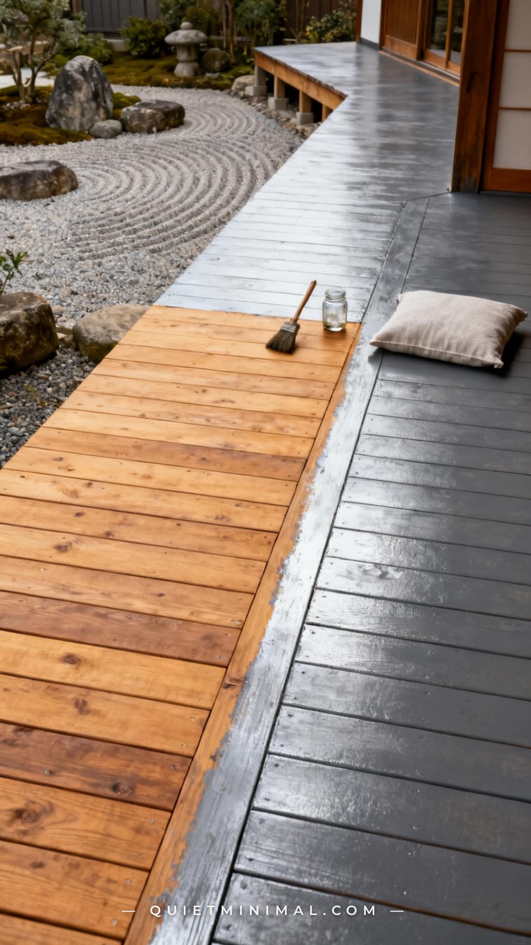 A wide establishing shot of a freshly built cedar engawa deck where half the boards have been treated with iron acetate