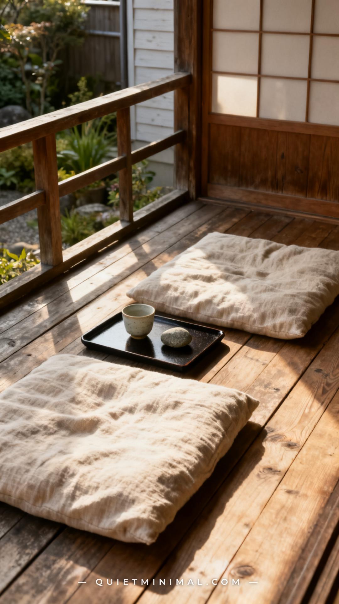 A vertical photograph captures the full seating area of an engawa veranda with two large flat zabuton cushions placed di