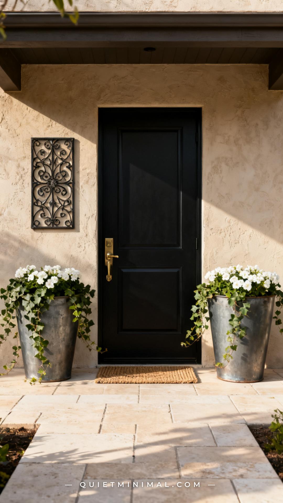 13 Exterior Home Decor Ideas With Planters, Statement Door Color, and Wall-Mounted Art