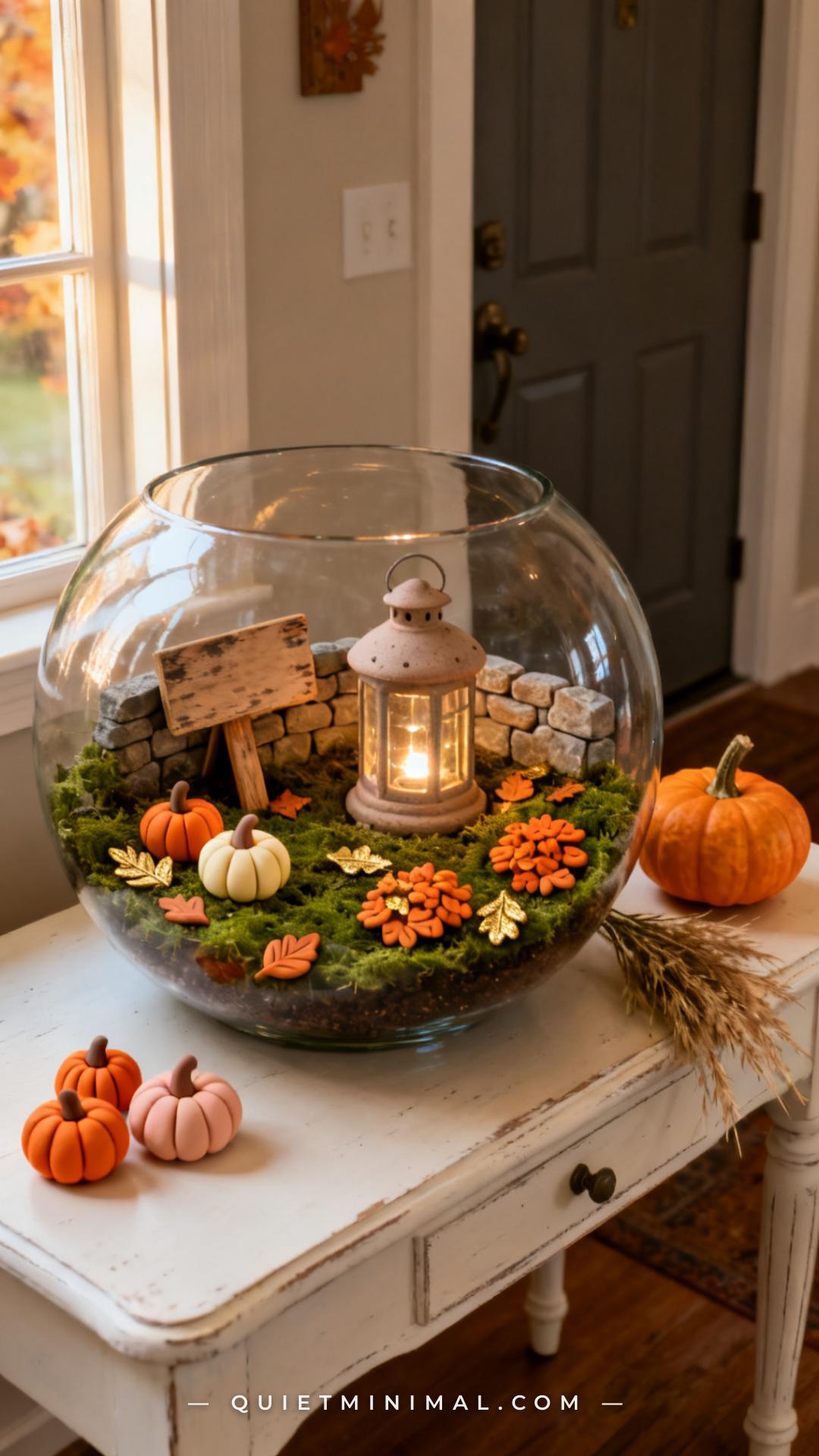 A vertical photograph captures a medium round glass bowl terrarium on a white-painted wooden console table near a front