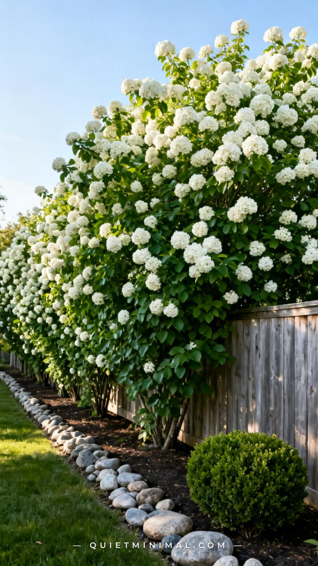A wide-angle vertical photograph captures a full garden border lined with mature Viburnum shrubs in full white bloom