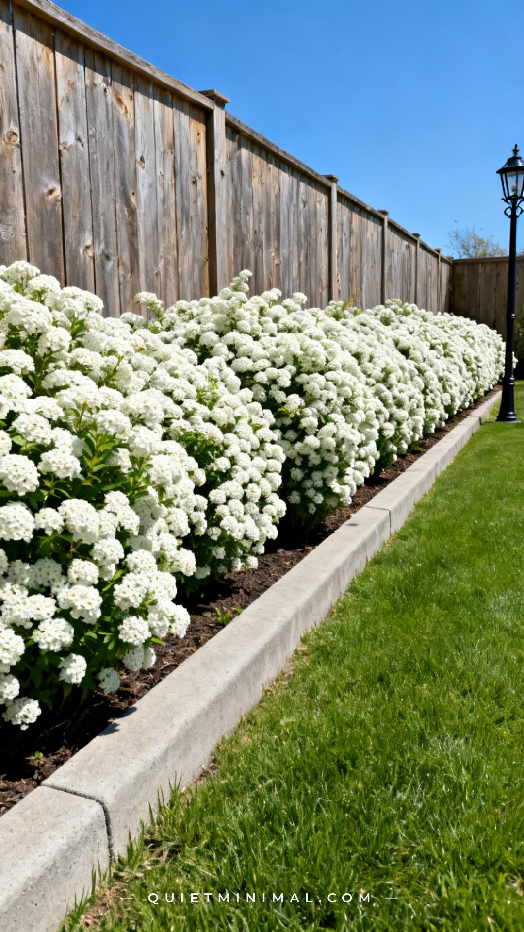 A wide horizontal photograph captures a sunny garden border anchored by a continuous mass planting of Spirea shrubs in f