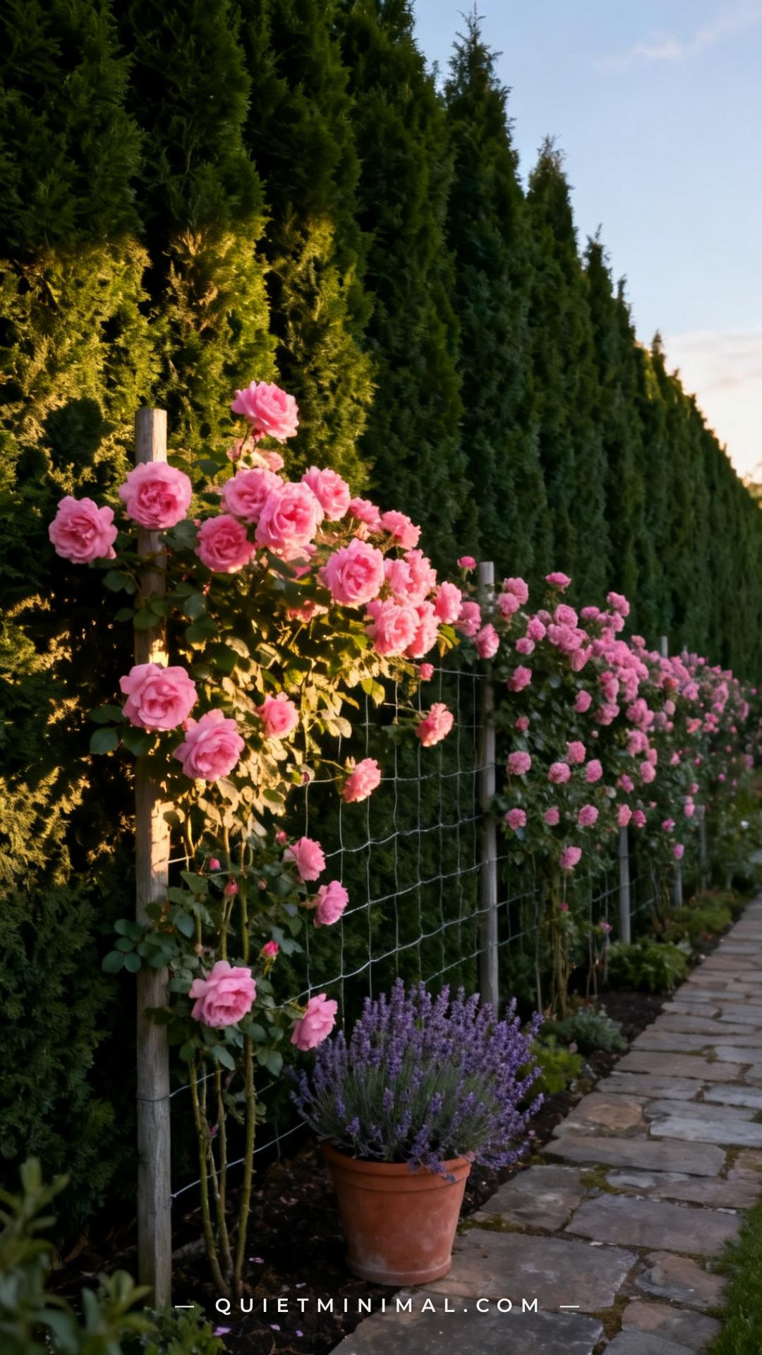 An establishing wide-angle vertical photograph captures a dramatic garden boundary where a row of Thuja 'Green Giant' ar