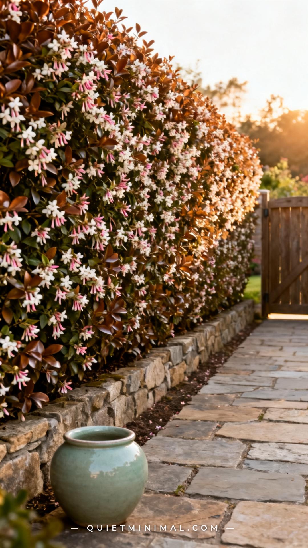 A wide vertical photograph captures a residential garden boundary where a continuous mass planting of Abelia shrubs form