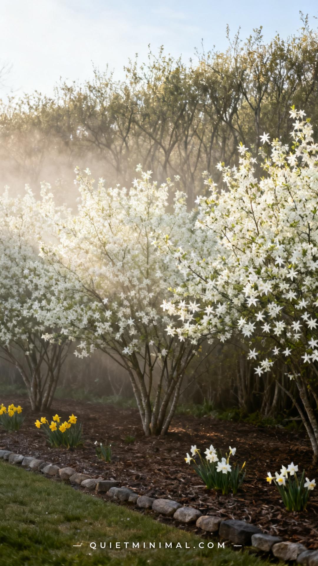 A wide garden scene captures a small grove of Serviceberry shrubs in full spring bloom along a natural property border