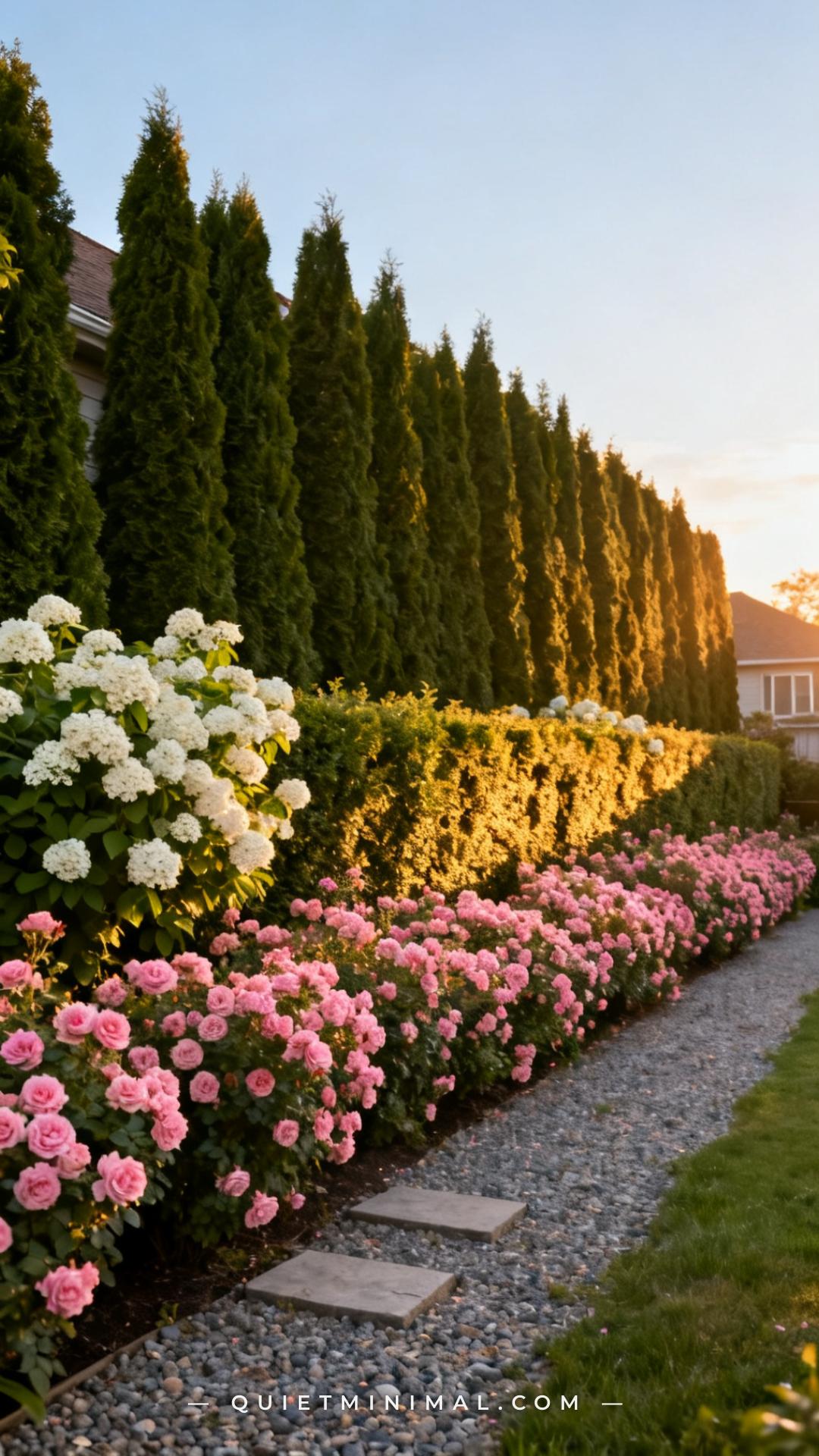 An establishing wide-angle photograph captures a full residential backyard boundary showing a layered three-row hedge in