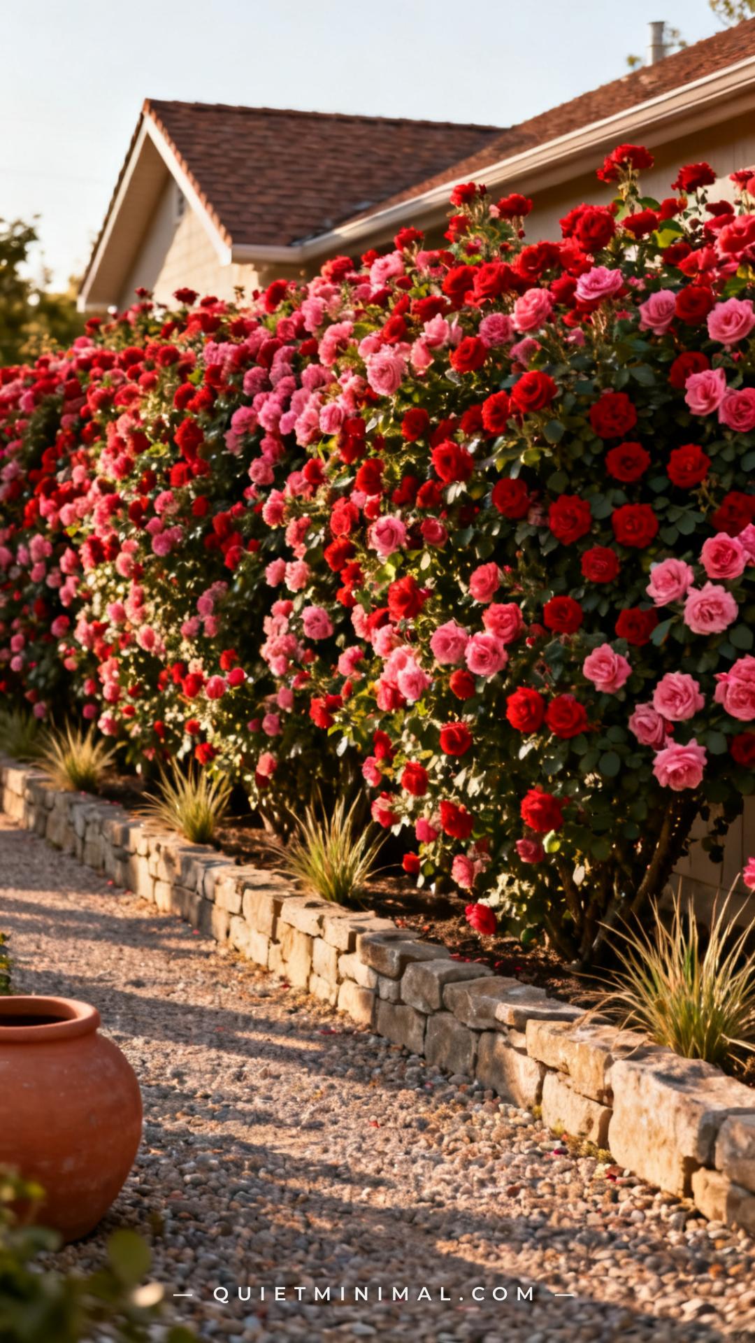 A wide establishing shot of a suburban garden border shows a row of dense Knockout Rose bushes in full bloom
