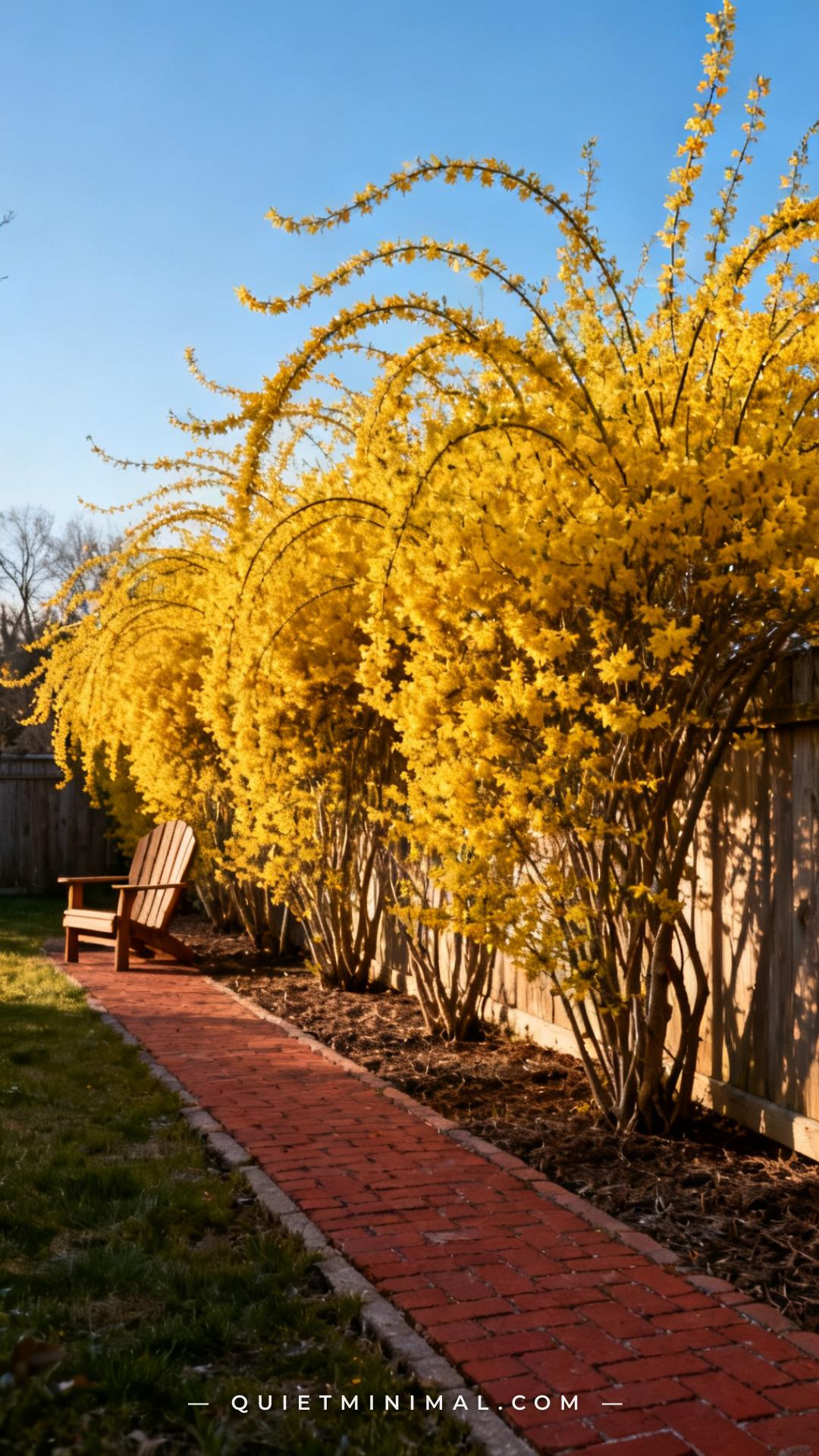 An establishing medium-wide photograph captures a full garden border where a row of mature Forsythia shrubs erupts in vi