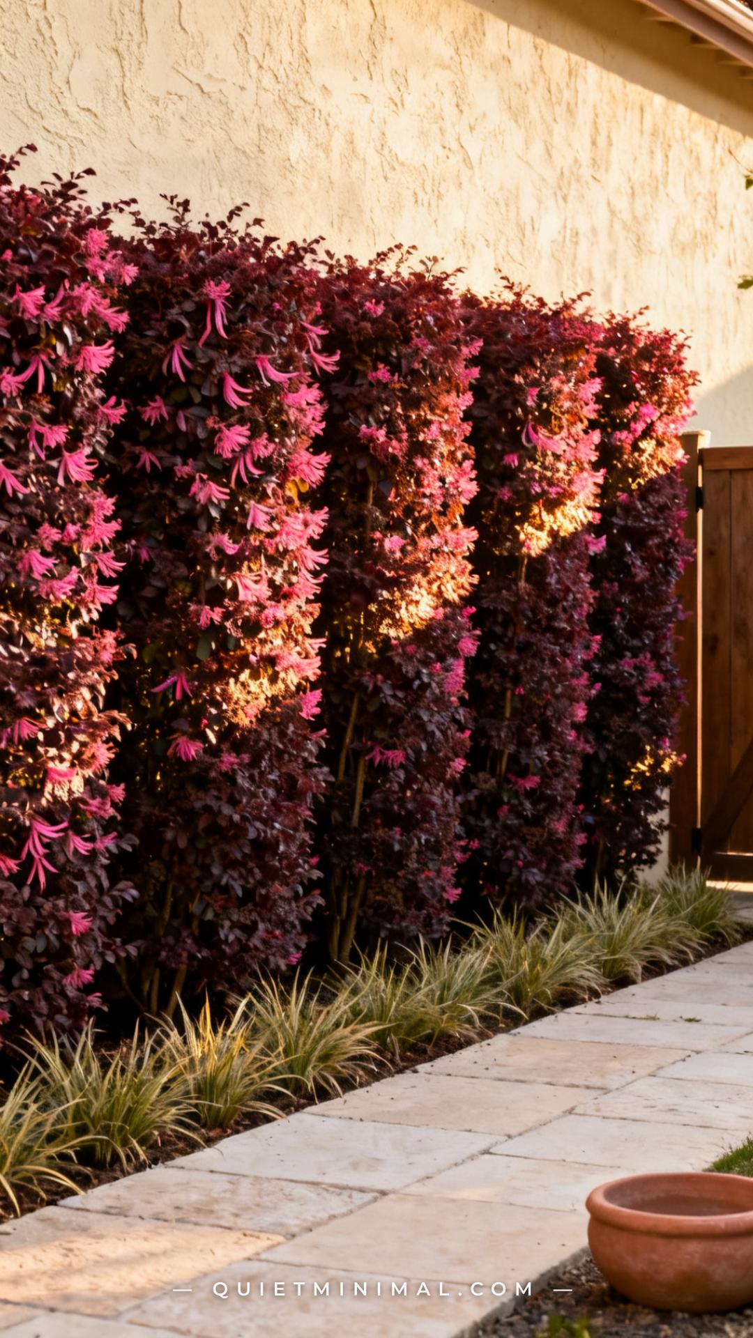 A wide vertical photograph shows a lush garden border anchored by a row of Loropetalum shrubs in full bloom