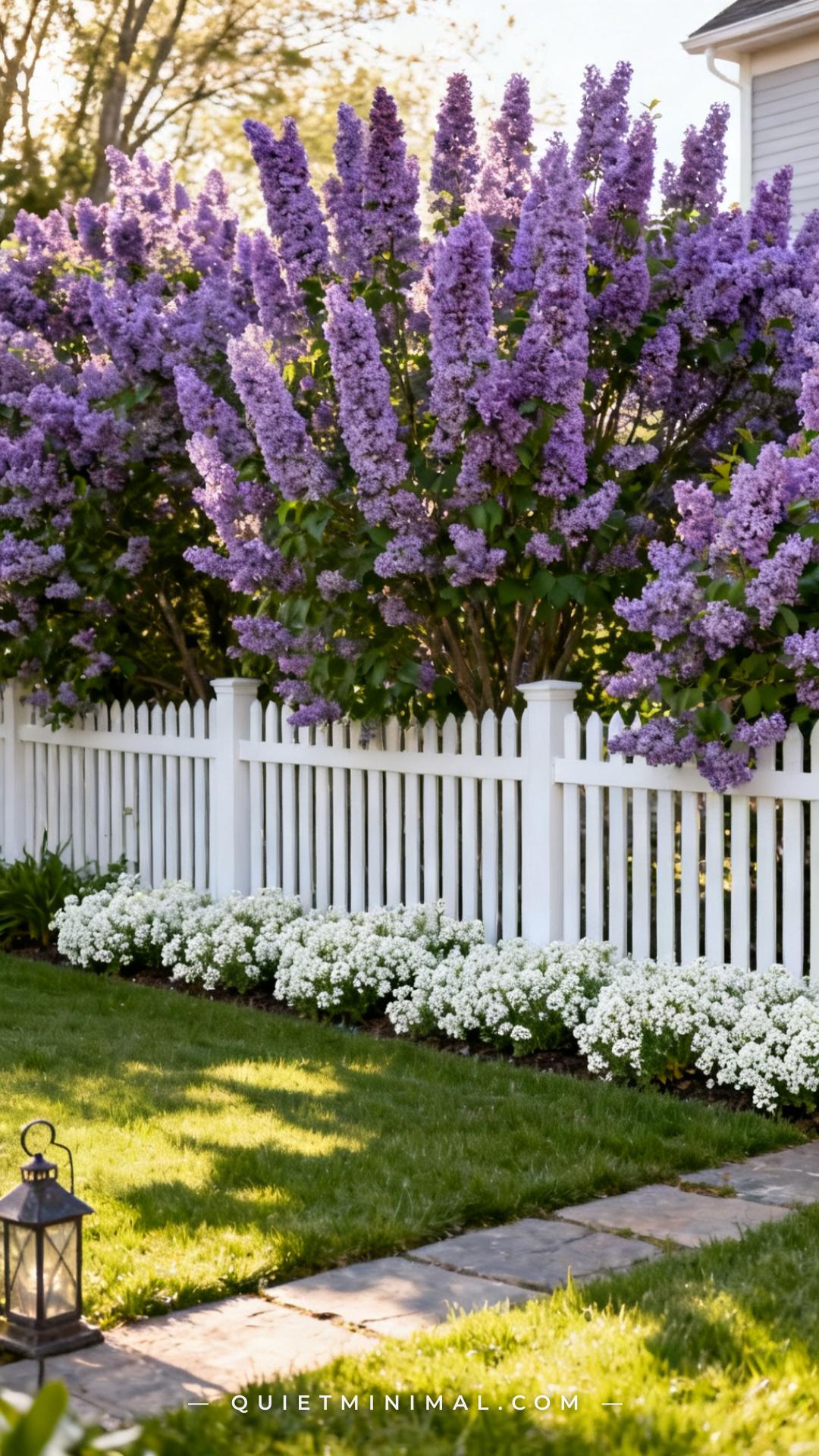 A wide garden photograph captures a full hedge row of mature lilac shrubs in peak lavender bloom along a white picket fe